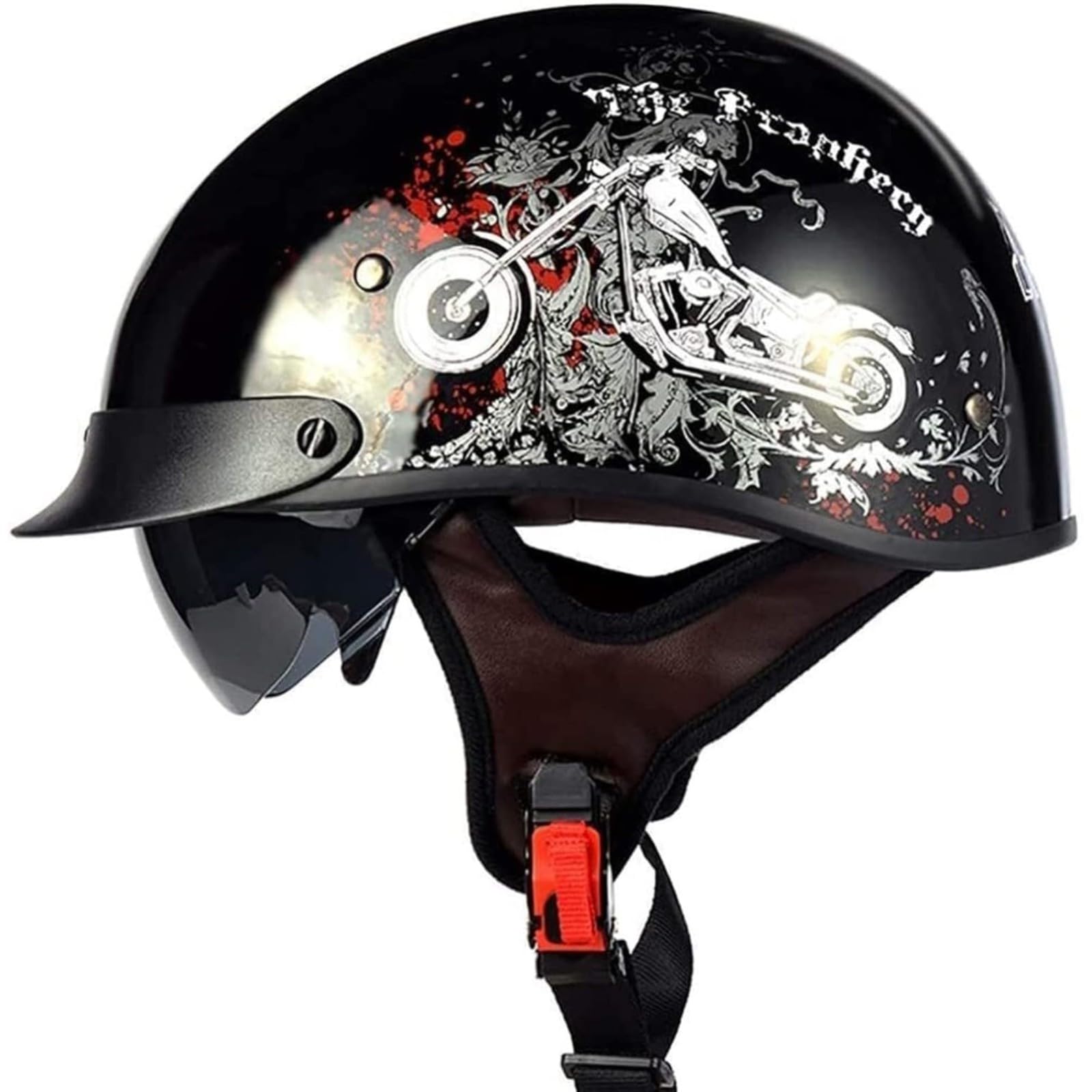 Halbschalenhelm, Retro Motorradhelm Mit Sonnenblende Und Herausnehmbarem Atmungsaktivem Innenfutter, Jethelm Retro, Chopperhelm, Rollerhelm, Offener Helm H,XL=61~62CM von YQWDWD