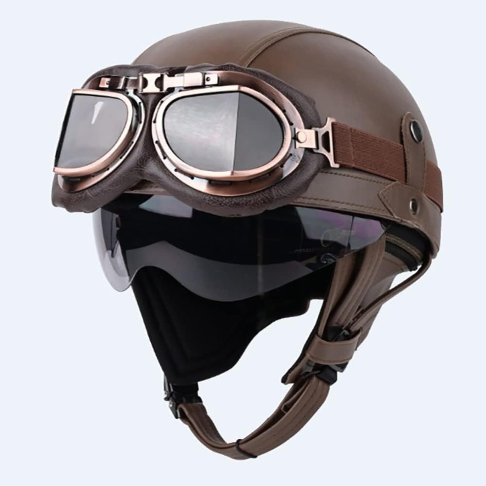 Halbschalenhelm Aus Leder, ECE-Zertifizierter Retro-Motorrad-Halbhelm Mit Schutzbrille, Schnellverschluss-Schnalle, Halbschalen-Jethelm Für Erwachsene, Rollerhelm B,S=55~56CM von YQWDWD