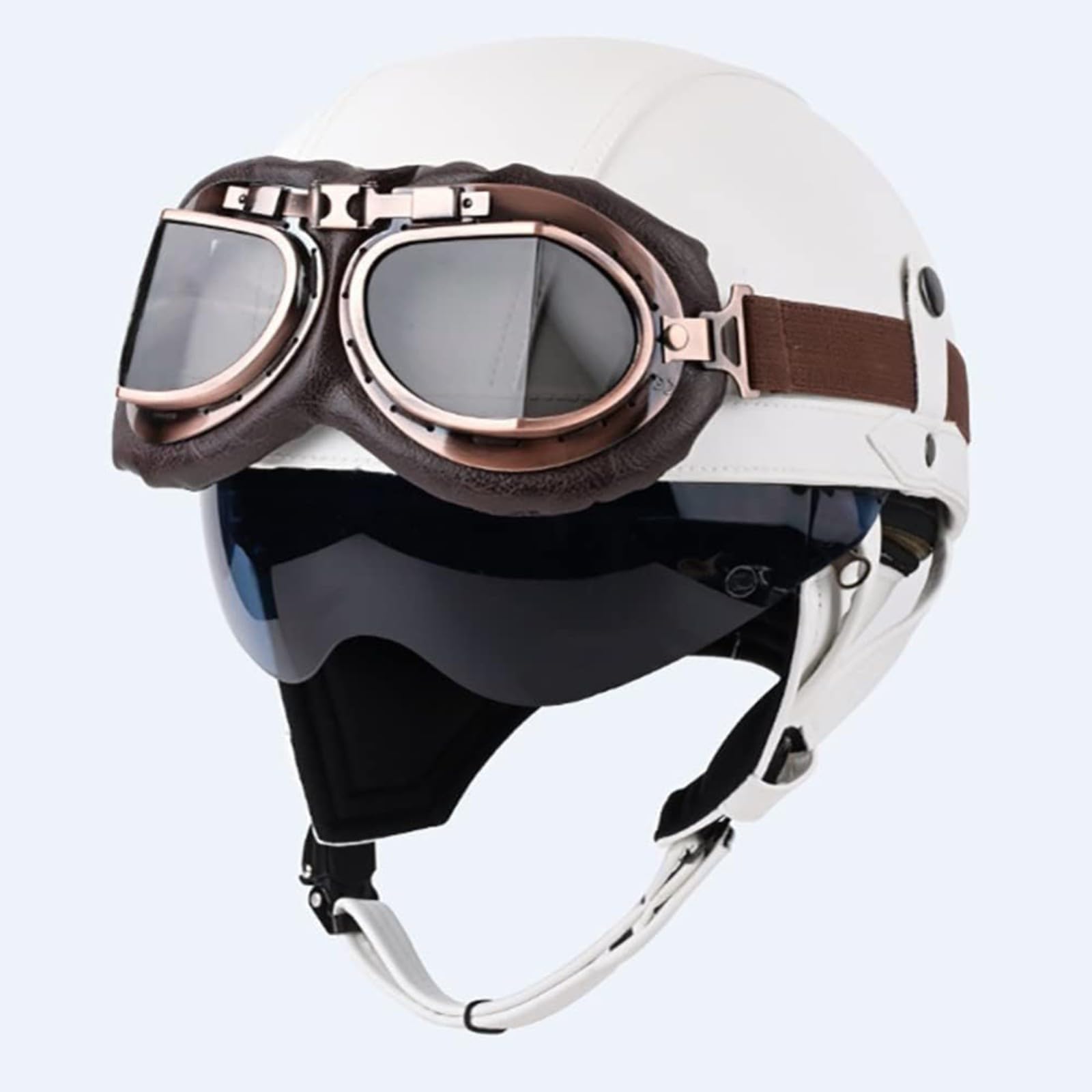 Halbschalenhelm Aus Leder, ECE-Zertifizierter Retro-Motorrad-Halbhelm Mit Schutzbrille, Schnellverschluss-Schnalle, Halbschalen-Jethelm Für Erwachsene, Rollerhelm G,XL=61~62CM von YQWDWD