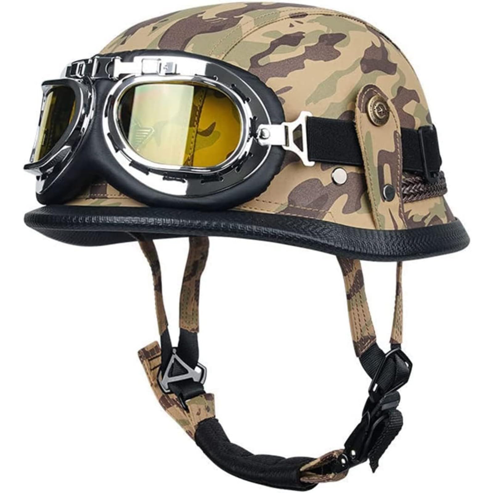 Motorradhelm, ECE-Zertifizierter Retro-Halbhelm Aus Leder Im Deutschen Stil, Cruiser-Scooter-Chopper-Antikollisionshelm Mit Schutzbrille, Moped-Motorrad-Halbhelm A,M=57~58CM von YQWDWD