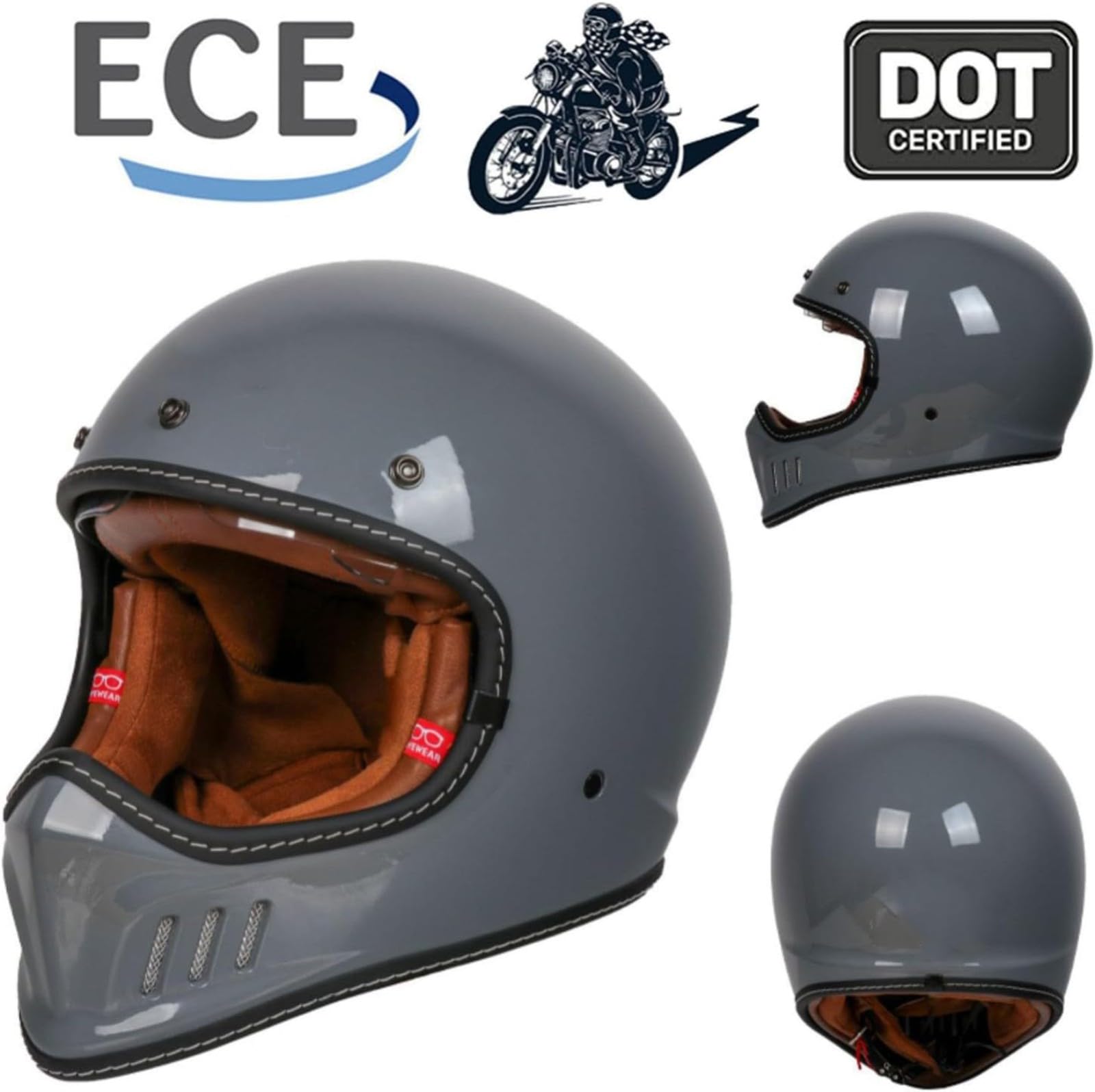 Retro-Integralhelm Für Motorradfahrer, ECE-Geprüfter Integralhelm Für Die Straße Mit Sonnenblende Für Männer Und Frauen D,XL=61~62CM von YQWDWD