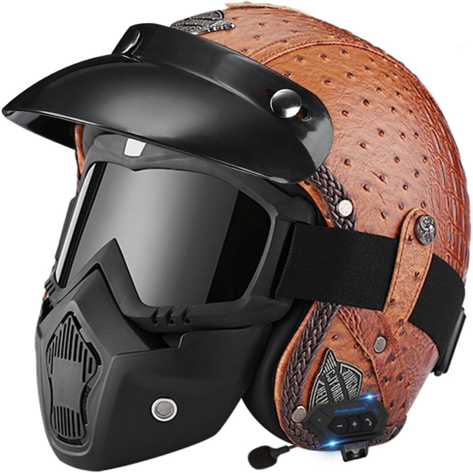 Retro-Motorradhelm, ECE-Geprüfter PU-Lederhelm Bluetooth-Jethelme Rollerhelm Sturzhelm Chopperhelm Offener Motorradhelm Für Damen Und Herren A,XL=61~62CM von YQWDWD