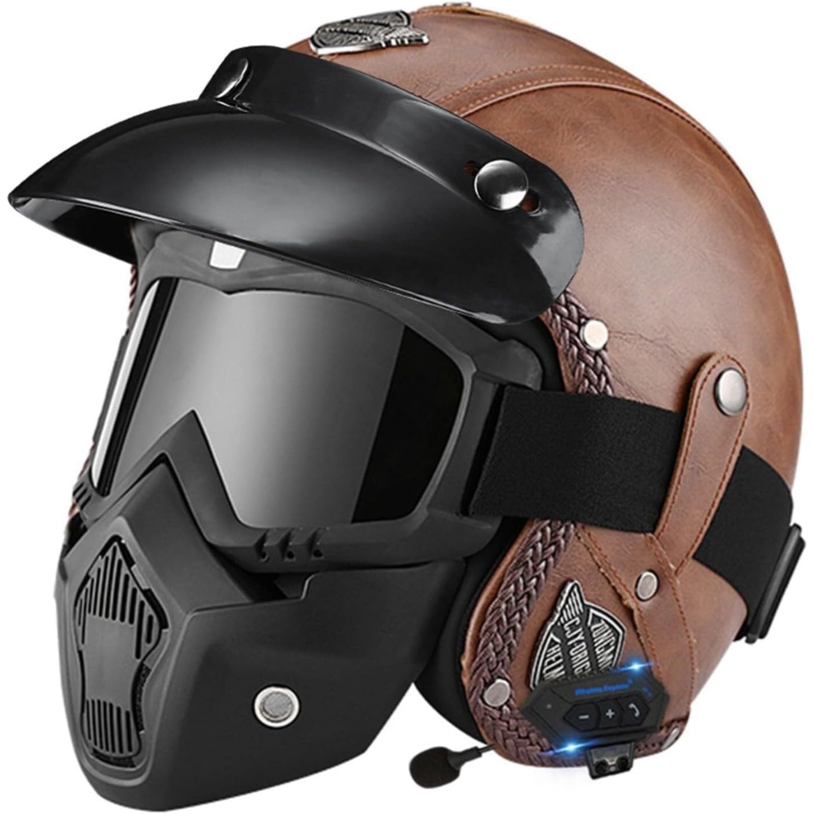 Retro-Motorradhelm, ECE-Geprüfter PU-Lederhelm Bluetooth-Jethelme Rollerhelm Sturzhelm Chopperhelm Offener Motorradhelm Für Damen Und Herren B,M=57~58CM von YQWDWD