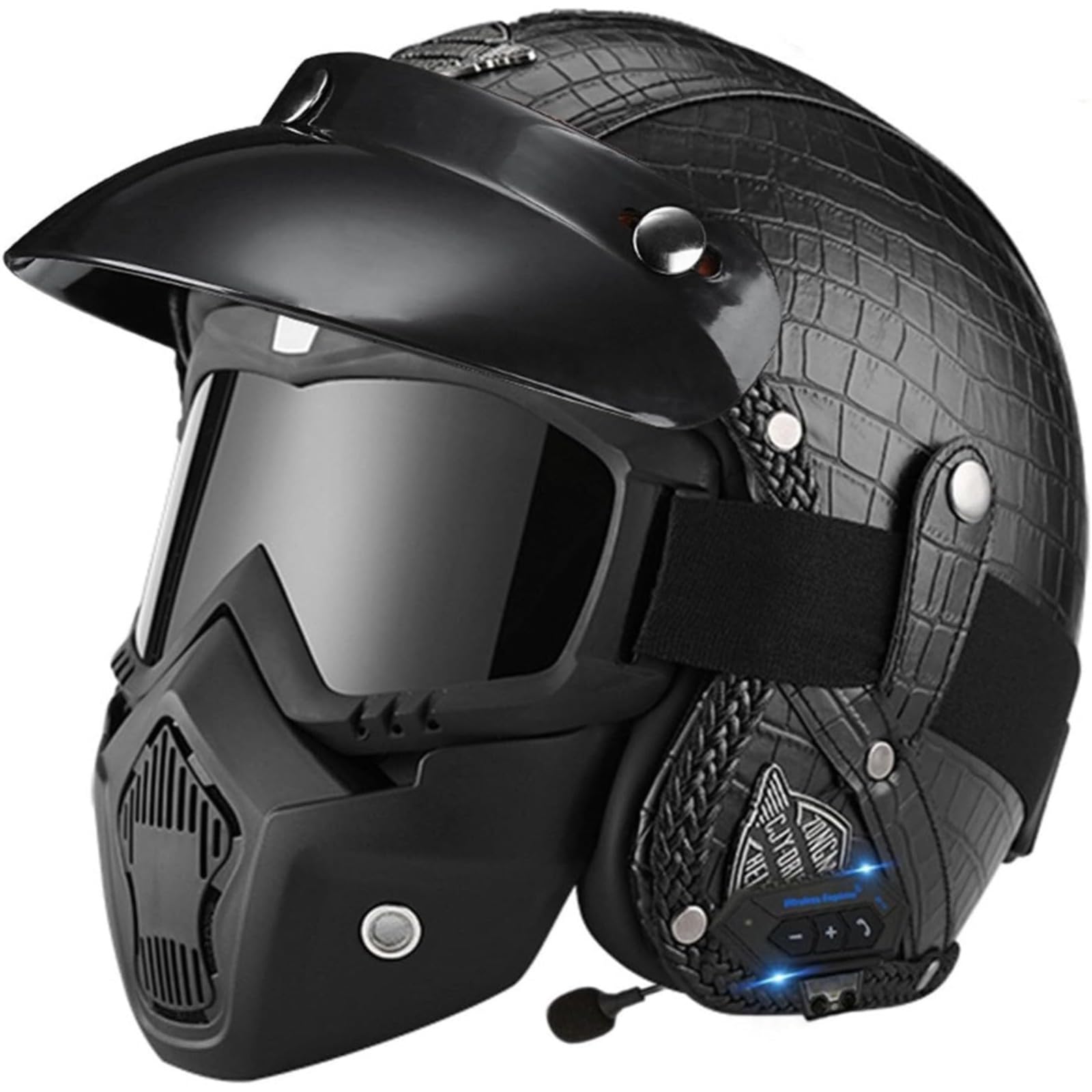 Retro-Motorradhelm, ECE-Geprüfter PU-Lederhelm Bluetooth-Jethelme Rollerhelm Sturzhelm Chopperhelm Offener Motorradhelm Für Damen Und Herren C,L=59~60CM von YQWDWD