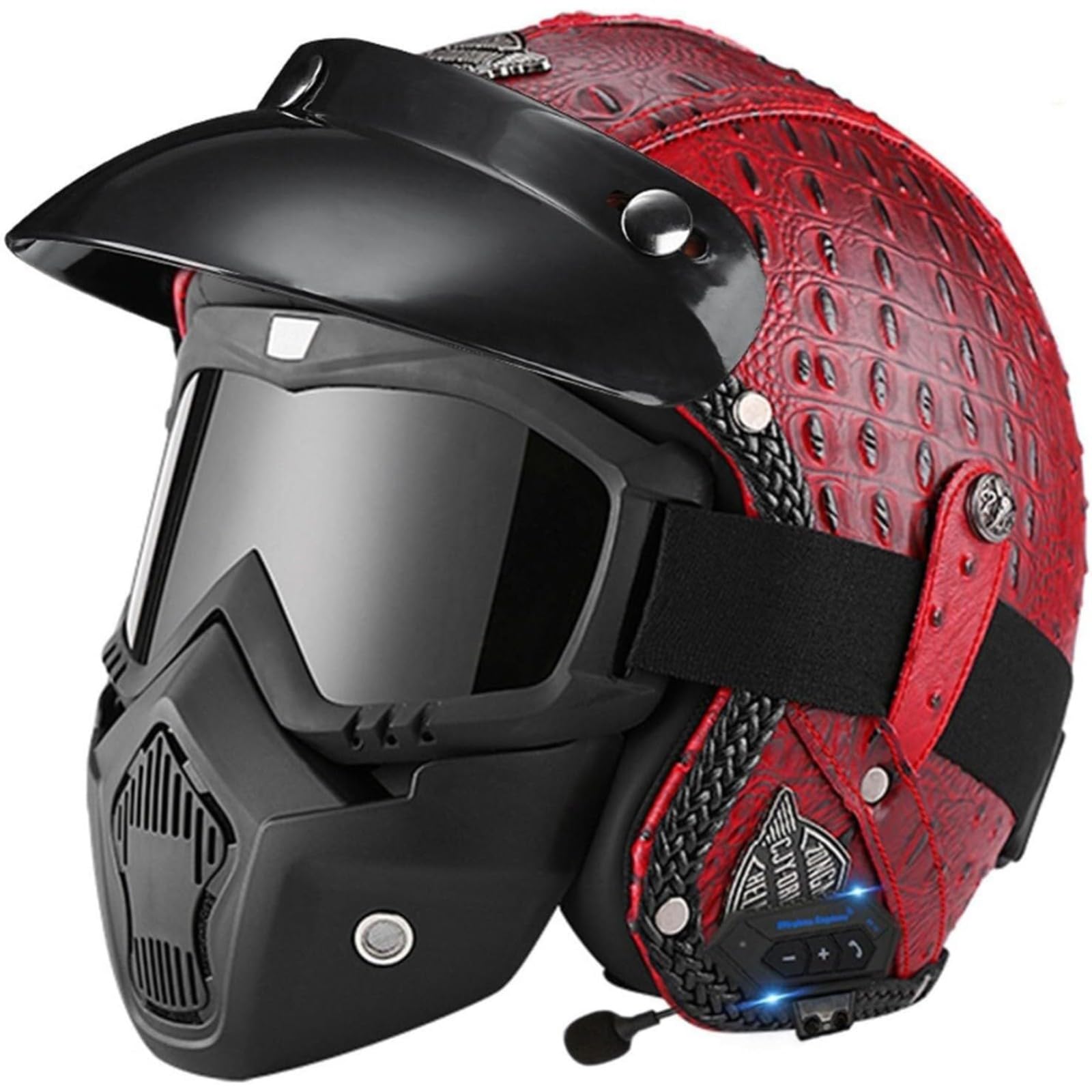 Retro-Motorradhelm, ECE-Geprüfter PU-Lederhelm Bluetooth-Jethelme Rollerhelm Sturzhelm Chopperhelm Offener Motorradhelm Für Damen Und Herren D,M=57~58CM von YQWDWD