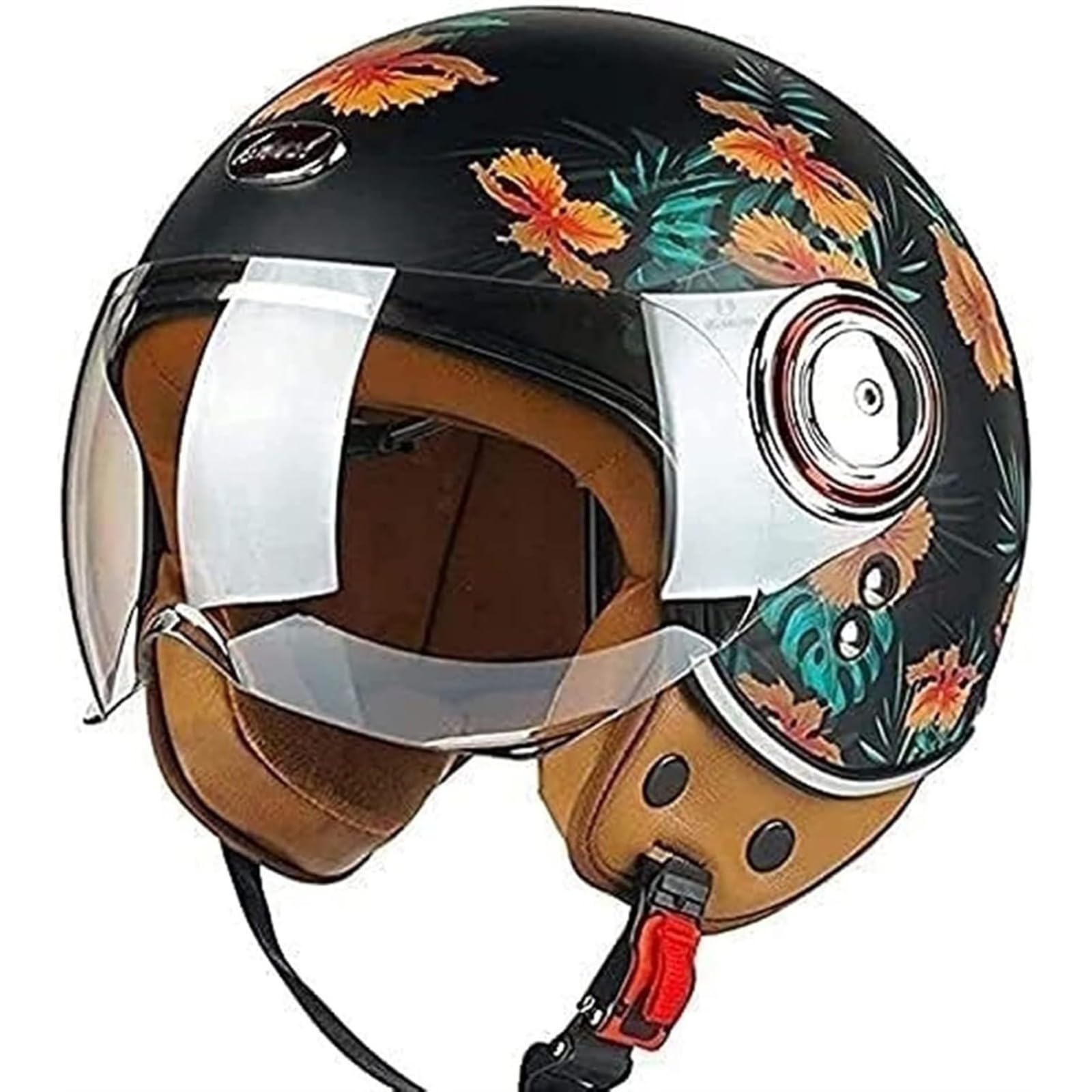 Sommer-Vintage-Motorrad-Jethelm, ECE-Geprüfter Vintage-Scooter-Helm, Retro-Halbhelm Für Damen Und Herren Mit Sonnenblende, Vespa-Jet-Helm Für Cruiser-Motorräder G,M=54~56CM von YQWDWD