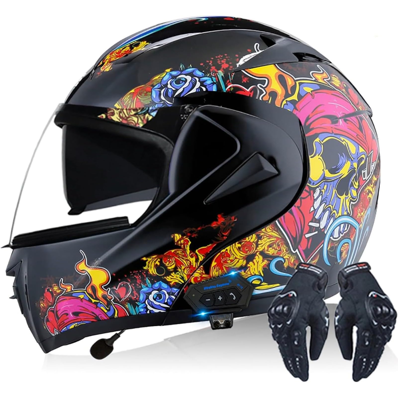 YQWDWD Bluetooth-Modularer Motorradhelm, ECE-Geprüfter Klapphelm Für Männer Und Frauen Mit Doppelvisier, Ganzjahreshelm Für Rollerhelme, Integralhelm F,XL=61~62CM von YQWDWD