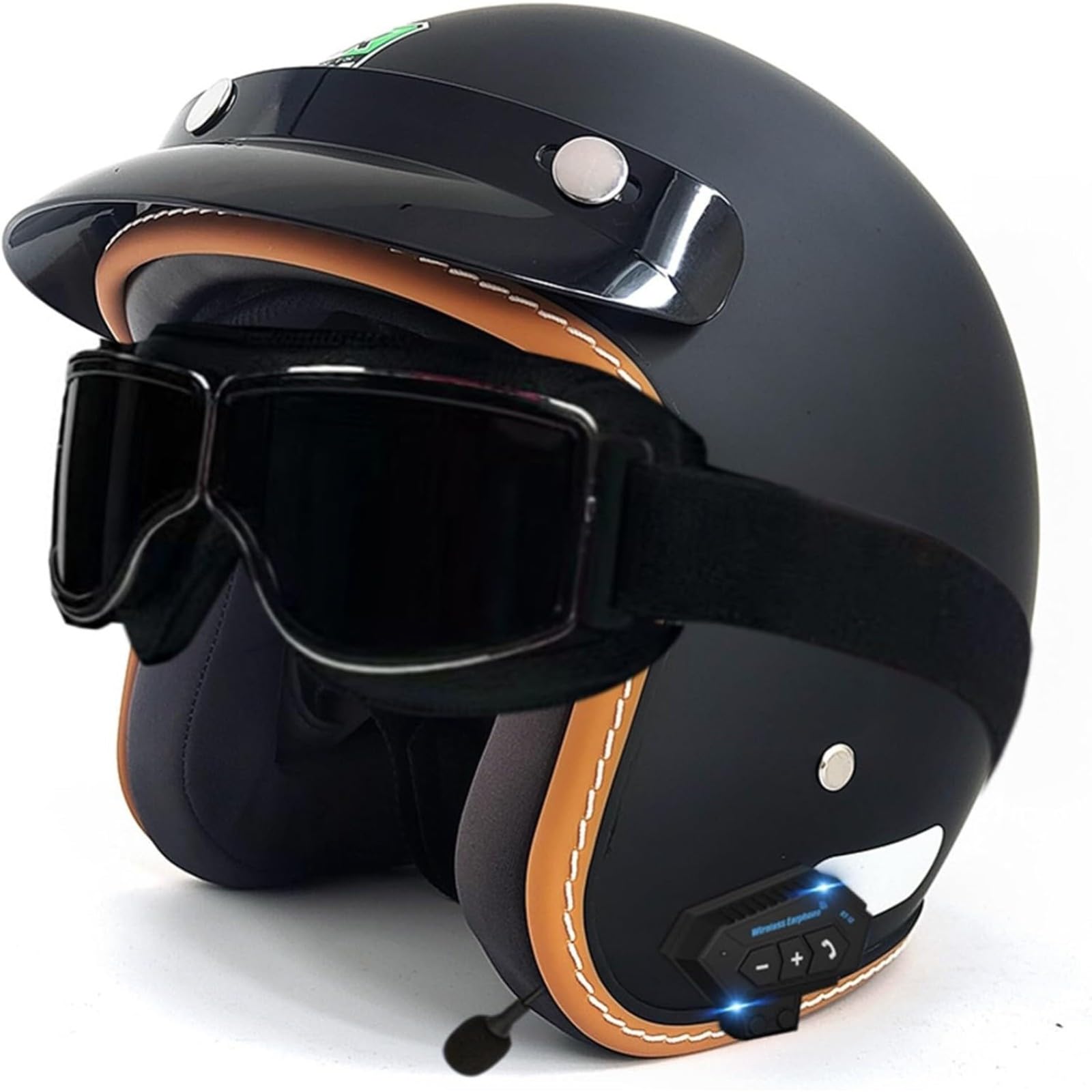 YQWDWD Bluetooth-Motorradhelm, DOT/ECE-Zertifizierter Offener Retro-3/4-Motorrad-Halbhelm Für Erwachsene, Männer Und Frauen, Roller, Moped A2,M=57~58CM von YQWDWD