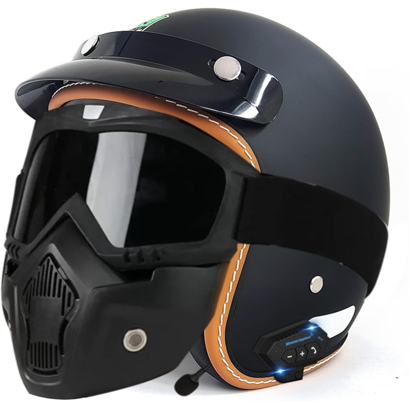 YQWDWD Bluetooth-Motorradhelm, DOT/ECE-Zertifizierter Offener Retro-3/4-Motorrad-Halbhelm Für Erwachsene, Männer Und Frauen, Roller, Moped A4,M=57~58CM von YQWDWD