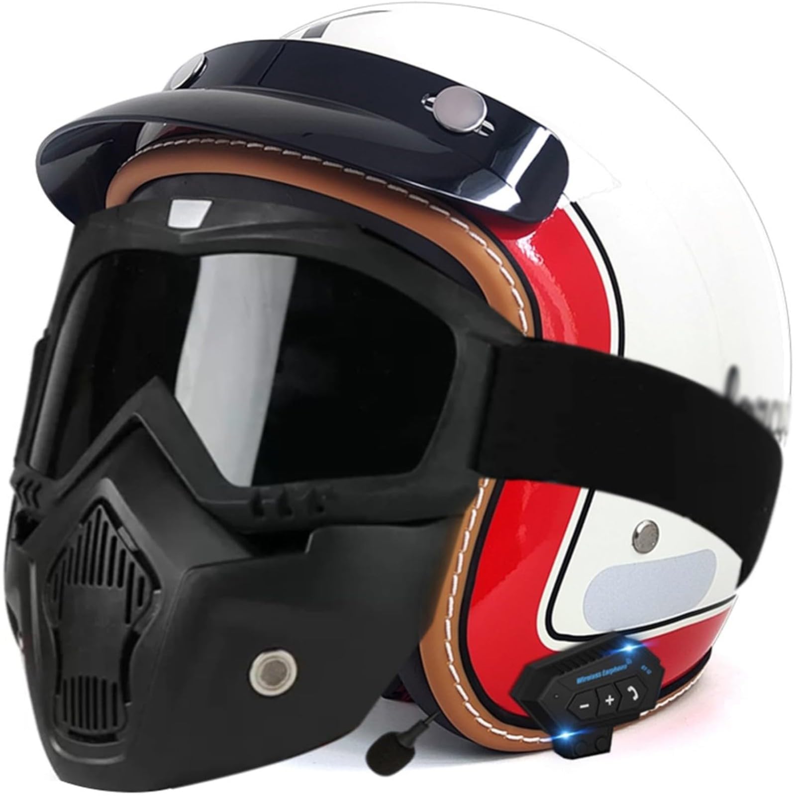 YQWDWD Bluetooth-Motorradhelm, DOT/ECE-Zertifizierter Offener Retro-3/4-Motorrad-Halbhelm Für Erwachsene, Männer Und Frauen, Roller, Moped B1,S=55~56CM von YQWDWD