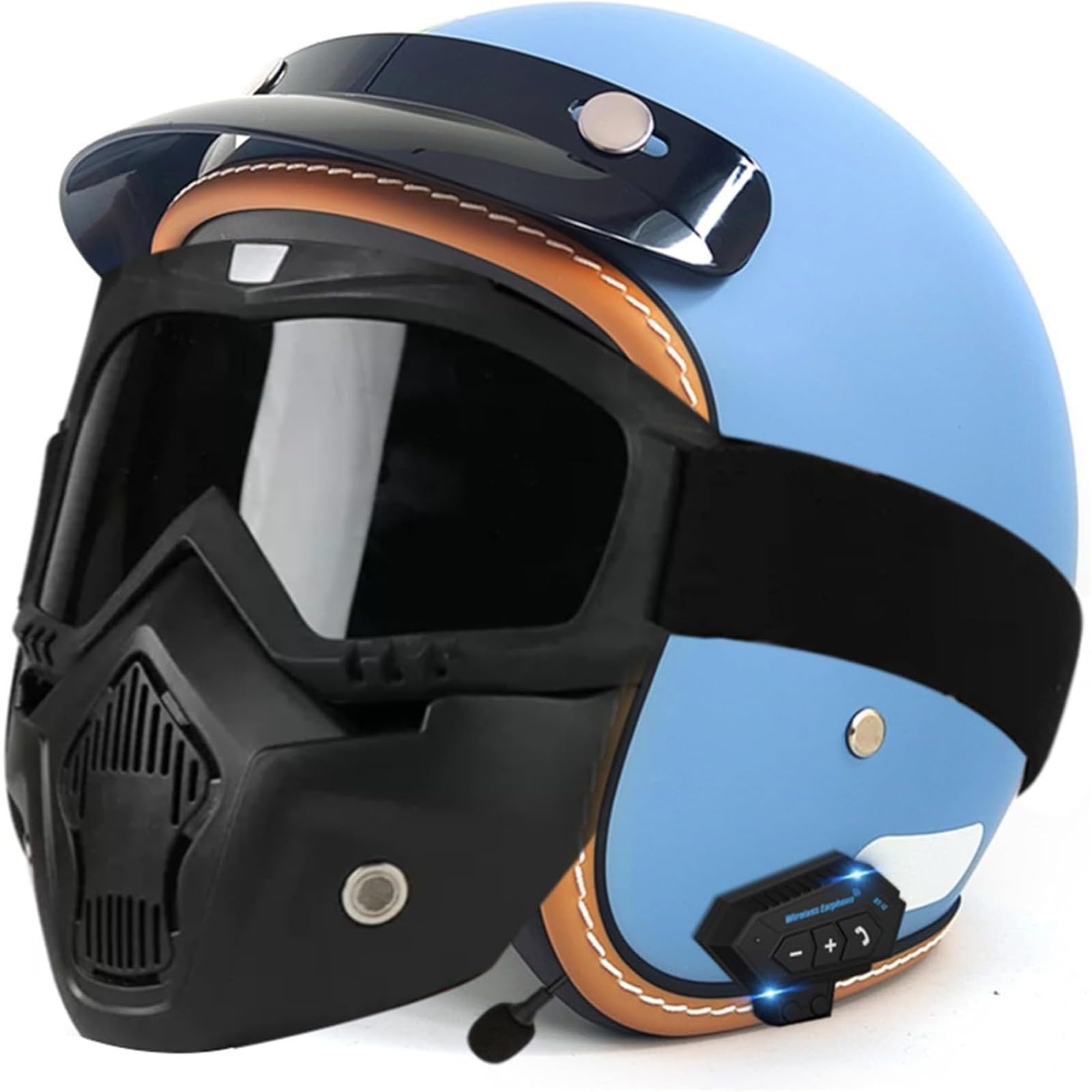 YQWDWD Bluetooth-Motorradhelm, DOT/ECE-Zertifizierter Offener Retro-3/4-Motorrad-Halbhelm Für Erwachsene, Männer Und Frauen, Roller, Moped C1,L=59~60CM von YQWDWD