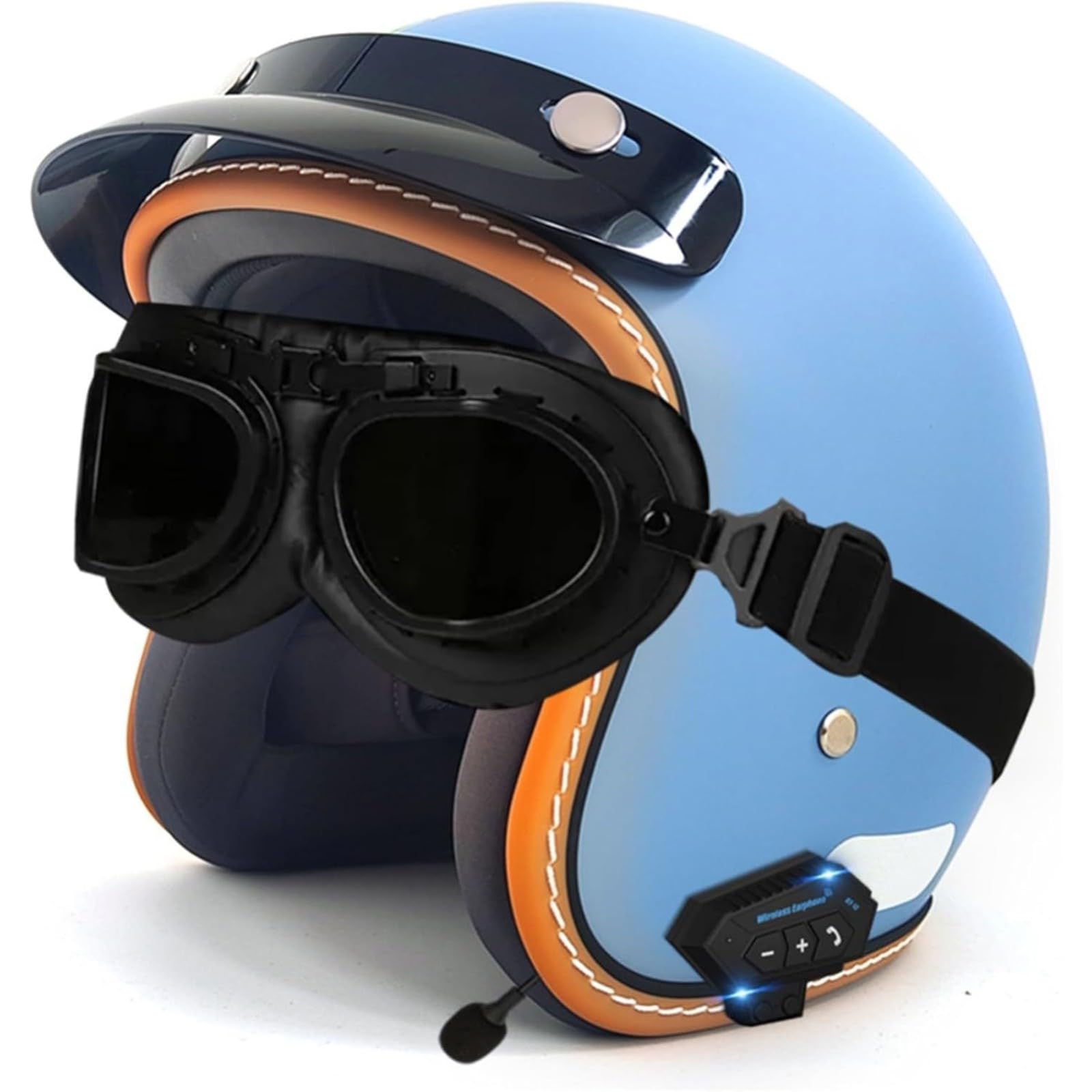 YQWDWD Bluetooth-Motorradhelm, DOT/ECE-Zertifizierter Offener Retro-3/4-Motorrad-Halbhelm Für Erwachsene, Männer Und Frauen, Roller, Moped C3,S=55~56CM von YQWDWD