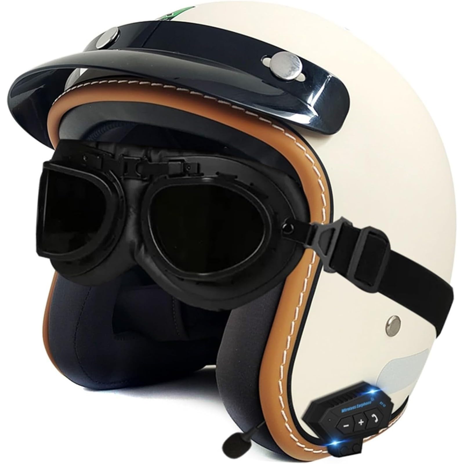 YQWDWD Bluetooth-Motorradhelm, DOT/ECE-Zertifizierter Offener Retro-3/4-Motorrad-Halbhelm Für Erwachsene, Männer Und Frauen, Roller, Moped D3,XL=61~62CM von YQWDWD