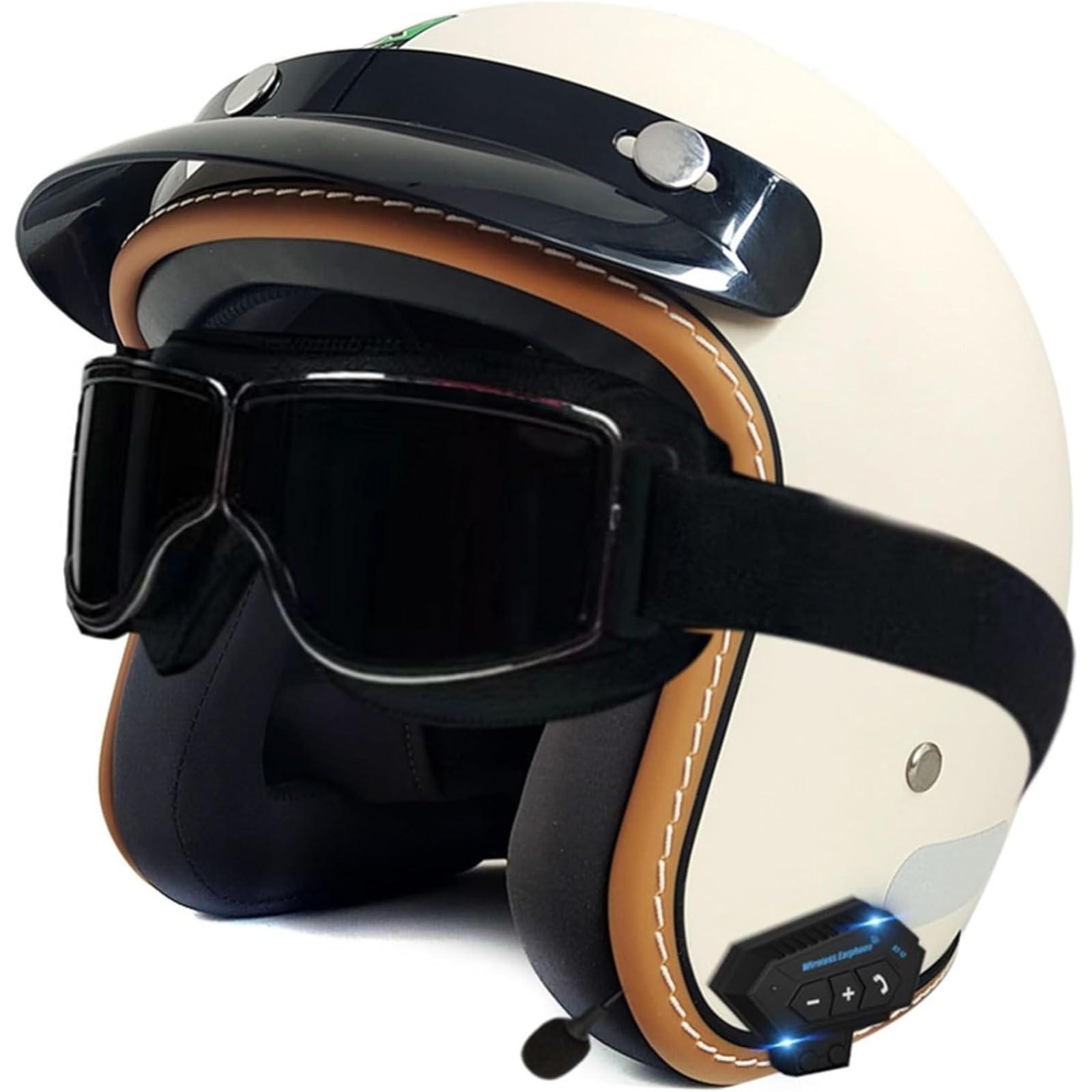 YQWDWD Bluetooth-Motorradhelm, DOT/ECE-Zertifizierter Offener Retro-3/4-Motorrad-Halbhelm Für Erwachsene, Männer Und Frauen, Roller, Moped D4,M=57~58CM von YQWDWD