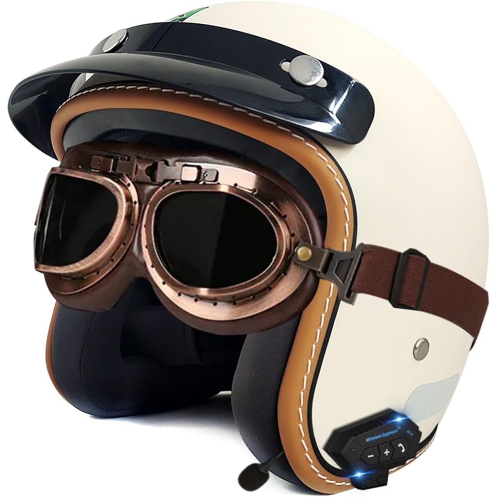 YQWDWD Bluetooth-Motorradhelm, DOT/ECE-Zertifizierter Offener Retro-3/4-Motorrad-Halbhelm Für Erwachsene, Männer Und Frauen, Roller, Moped D5,S=55~56CM von YQWDWD