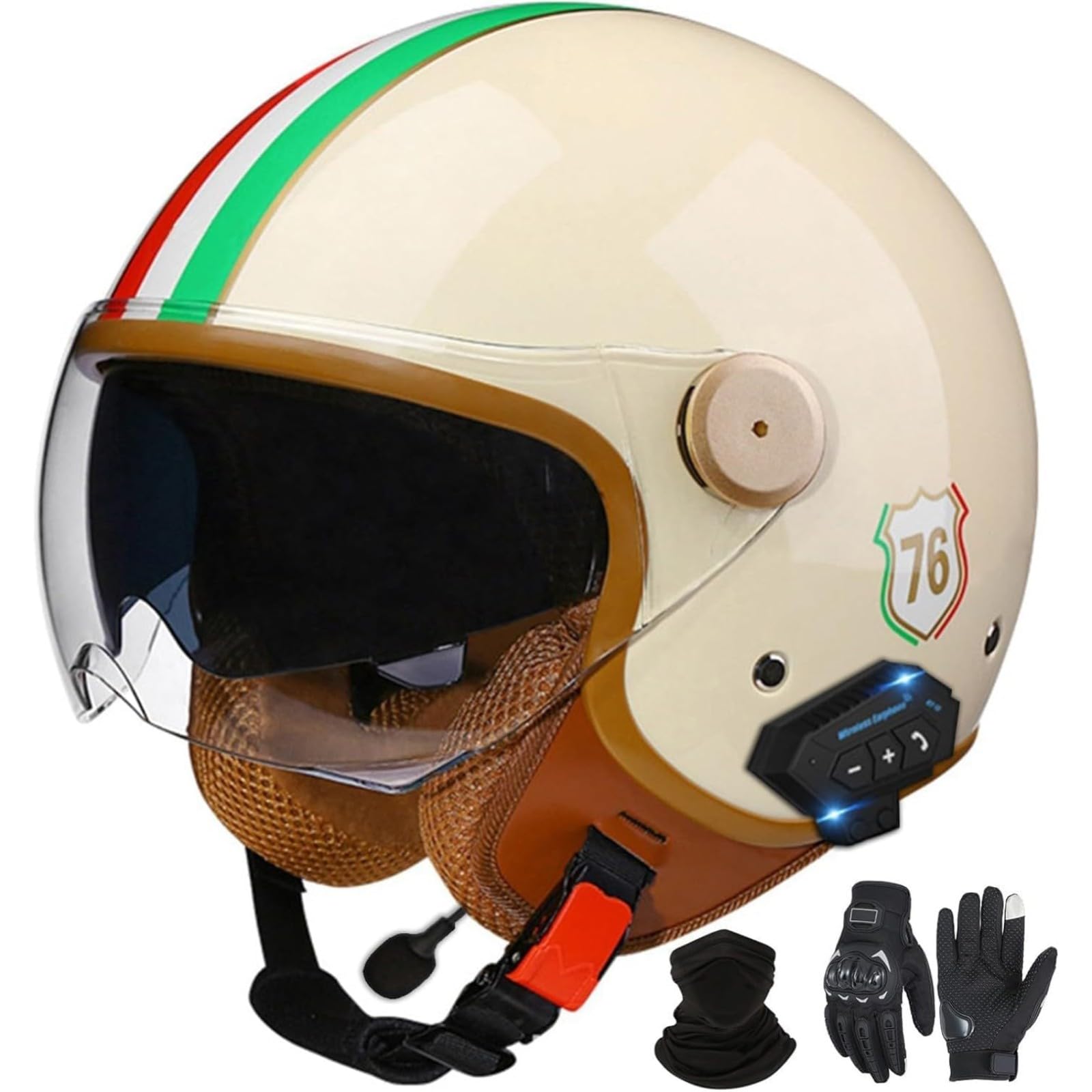 YQWDWD Bluetooth Motorradhelm Mit Visier, DOT/ECE-Zertifizierter Jethelm Jet-Helm Rollerhelm Mofahelm Retro Vintage Open Face Helme A2,XL=61~62CM von YQWDWD