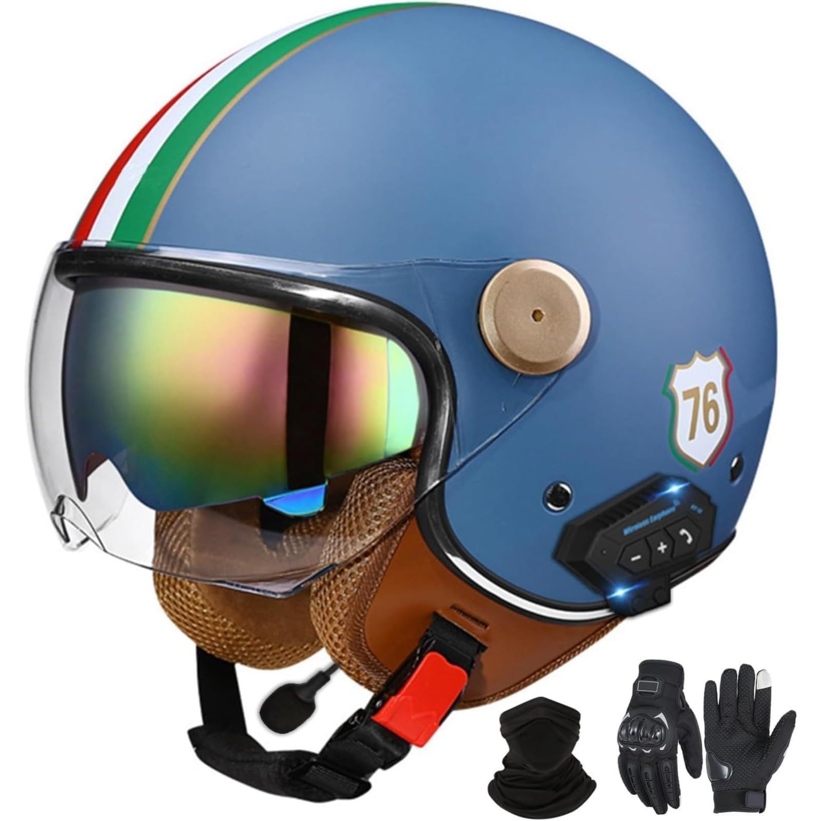 YQWDWD Bluetooth Motorradhelm Mit Visier, DOT/ECE-Zertifizierter Jethelm Jet-Helm Rollerhelm Mofahelm Retro Vintage Open Face Helme B1,XL=61~62CM von YQWDWD