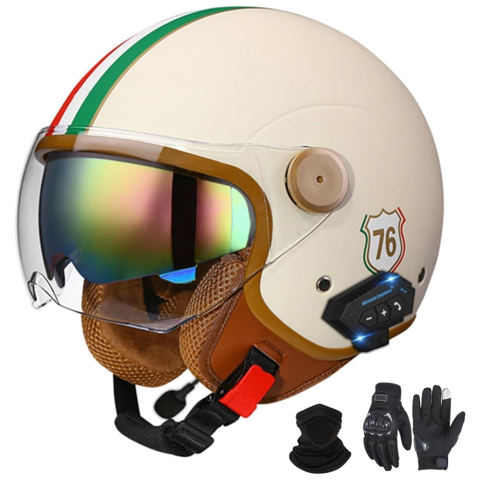 YQWDWD Bluetooth Motorradhelm Mit Visier, DOT/ECE-Zertifizierter Jethelm Jet-Helm Rollerhelm Mofahelm Retro Vintage Open Face Helme D1,L=59~60CM von YQWDWD