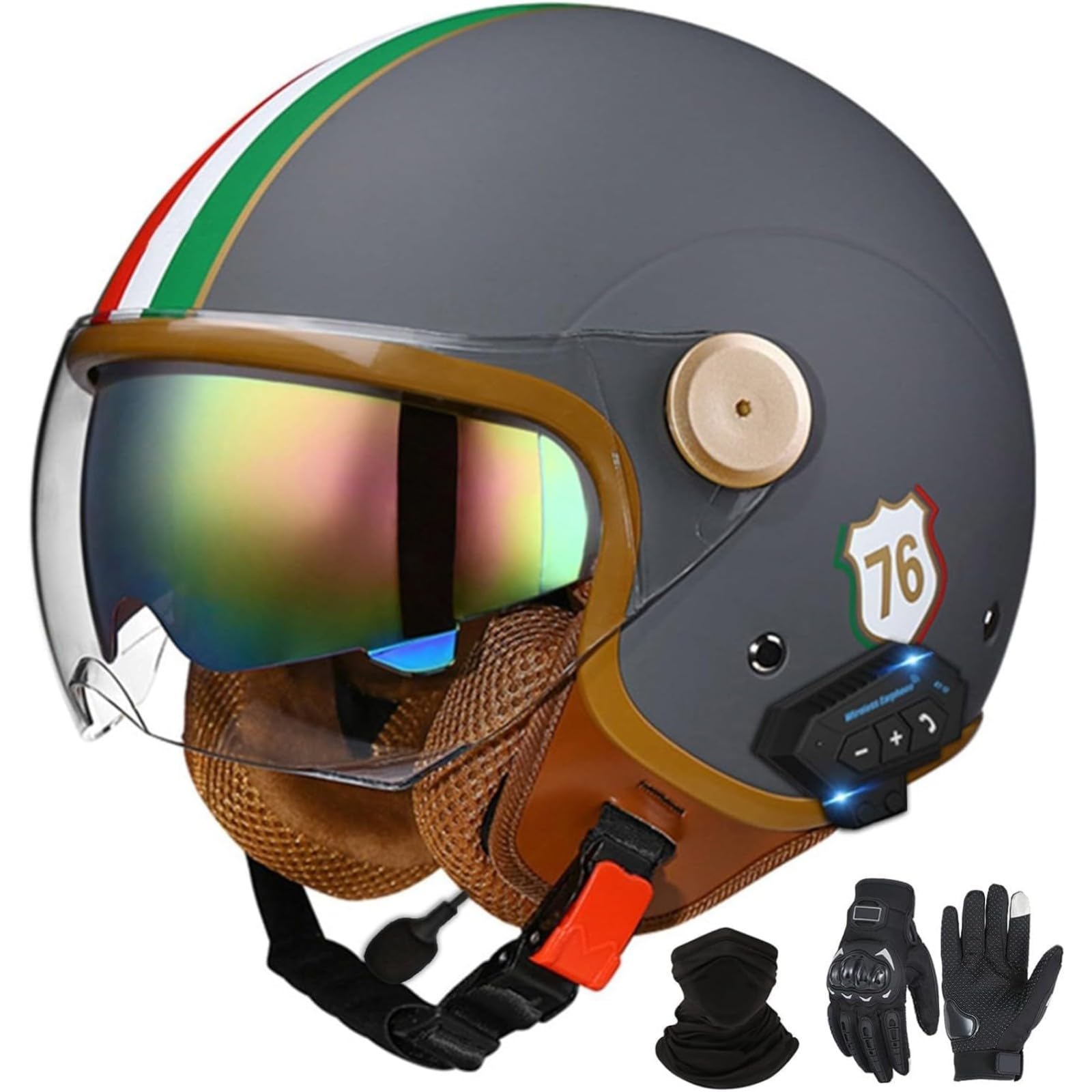 YQWDWD Bluetooth Motorradhelm Mit Visier, DOT/ECE-Zertifizierter Jethelm Jet-Helm Rollerhelm Mofahelm Retro Vintage Open Face Helme F1,M=57~58CM von YQWDWD