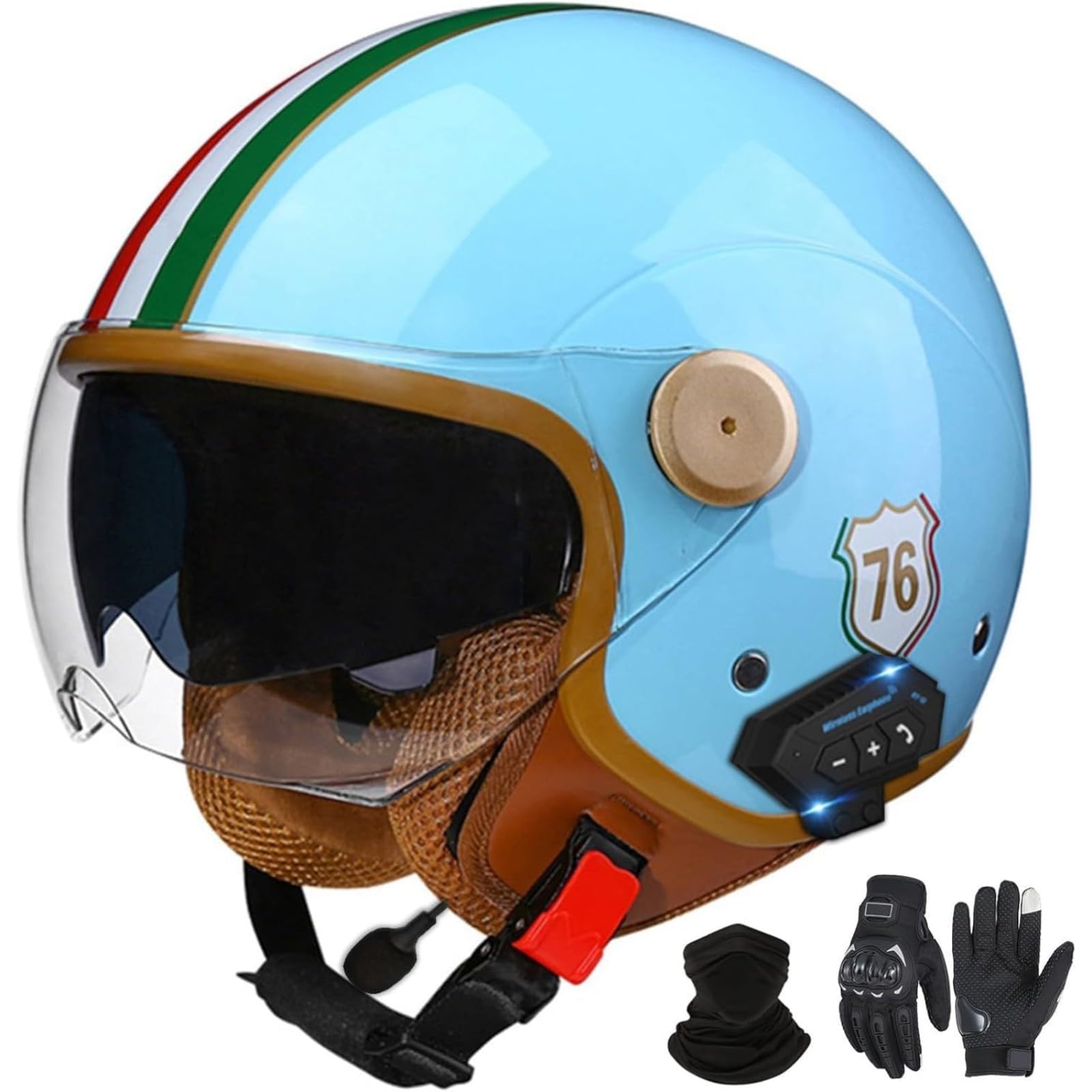 YQWDWD Bluetooth Motorradhelm Mit Visier, DOT/ECE-Zertifizierter Jethelm Jet-Helm Rollerhelm Mofahelm Retro Vintage Open Face Helme G2,XL=61~62CM von YQWDWD