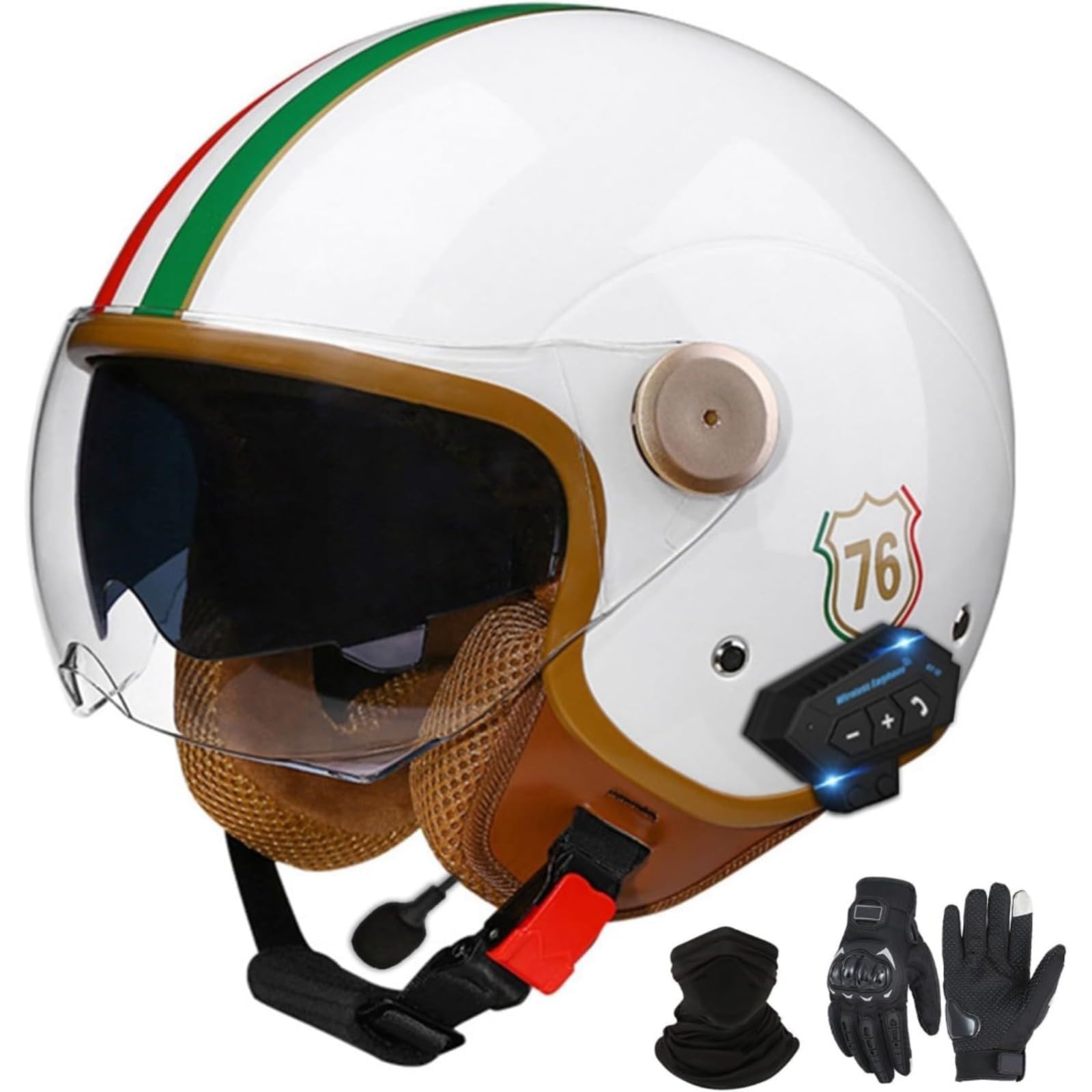 YQWDWD Bluetooth Motorradhelm Mit Visier, DOT/ECE-Zertifizierter Jethelm Jet-Helm Rollerhelm Mofahelm Retro Vintage Open Face Helme H2,M=57~58CM von YQWDWD