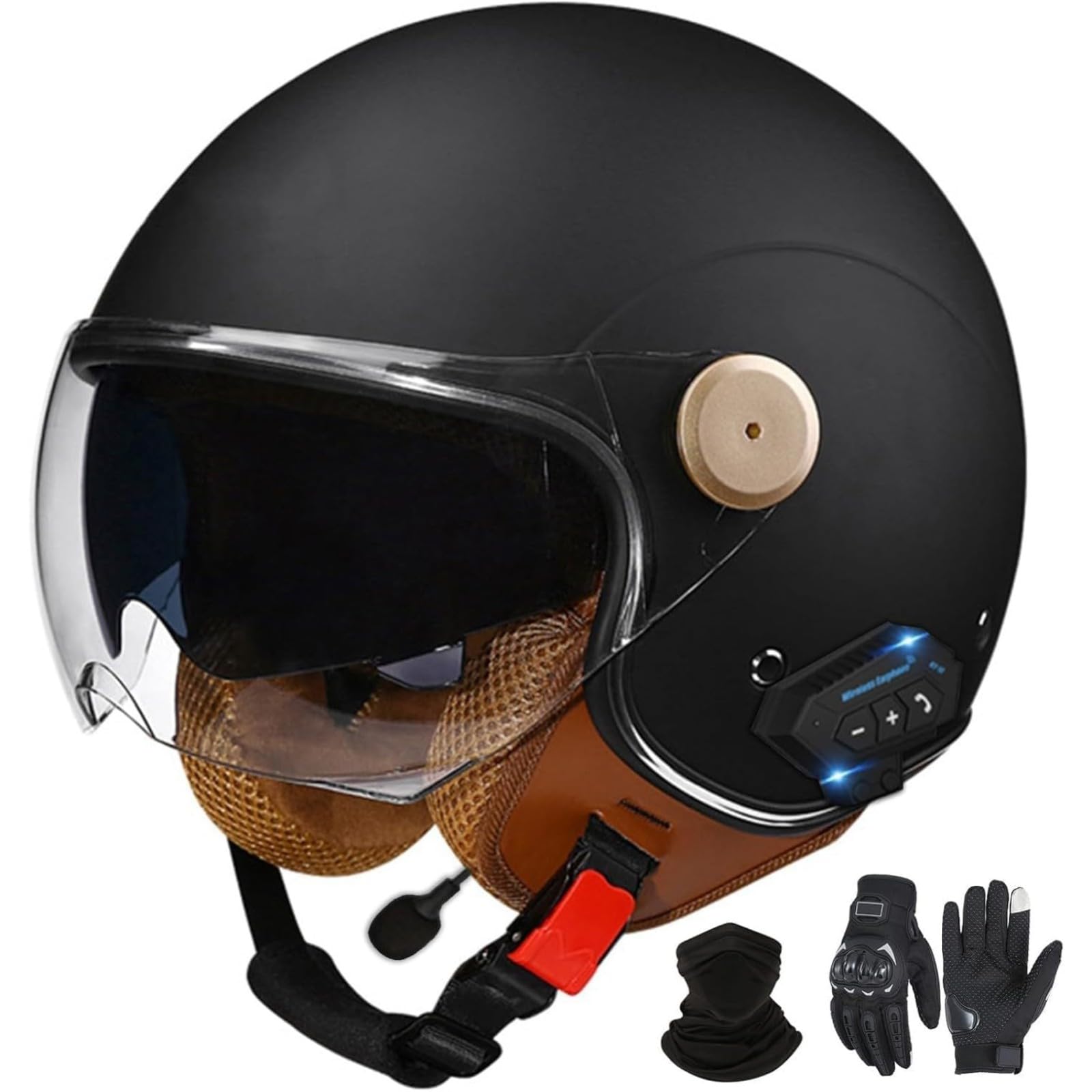 YQWDWD Bluetooth Motorradhelm Mit Visier, DOT/ECE-Zertifizierter Jethelm Jet-Helm Rollerhelm Mofahelm Retro Vintage Open Face Helme J1,XL=61~62CM von YQWDWD