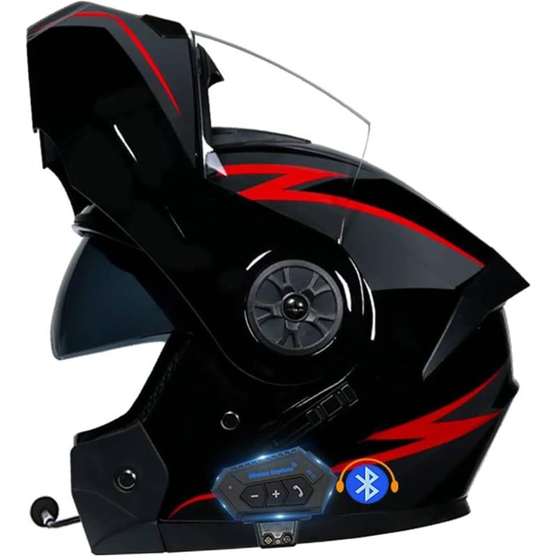 YQWDWD Bluetooth-Motorradhelme, Integralhelm, ECE-Geprüfter Hochklappbarer Motorradhelm Mit Integriertem Doppelvisier, Mopedhelm Für Erwachsene, Männer Und Frauen A2,L=59~60CM von YQWDWD