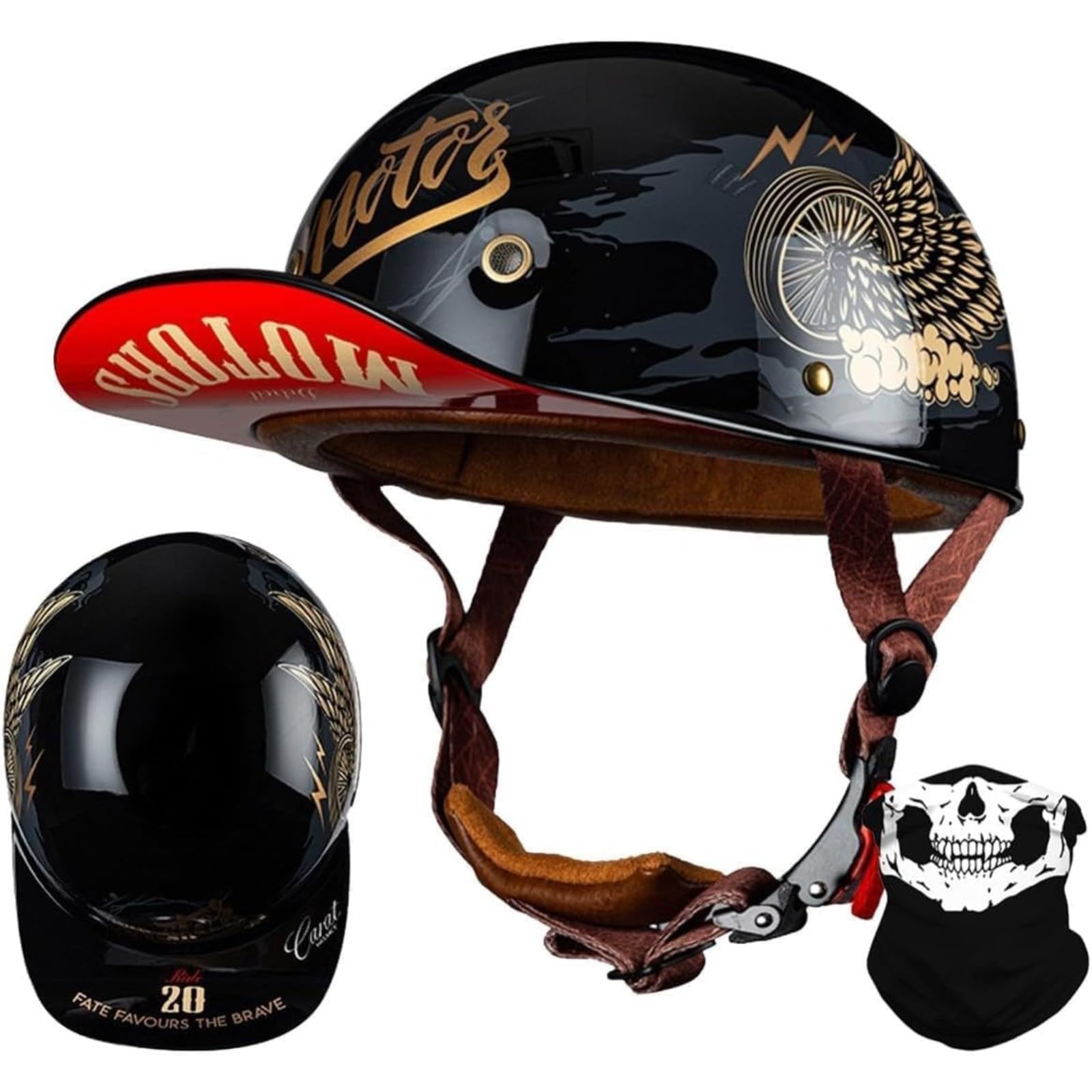 YQWDWD Halbschalenhelm Vintage Motorradhelm, ECE-Zulassung Baseballmütze Cruiser Scooter Helm, Retro Motorrad Halbhelm Mopedhelm J,XXL=63~64CM von YQWDWD