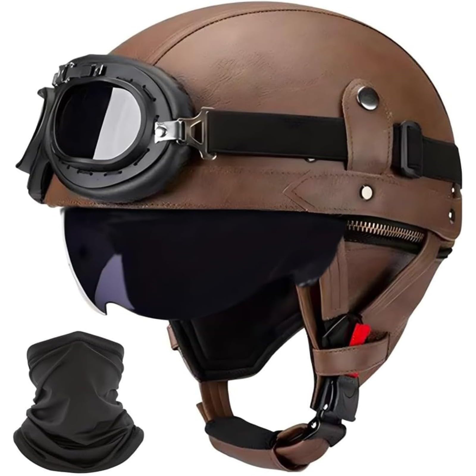 YQWDWD Motorrad-Halbhelm Mit Schutzbrille, ECE-Geprüfter Offener Motorradhelm Für Männer Und Frauen, Deutscher Retro-Scooter-Moped-Motorradhelm B,L=59~60CM von YQWDWD