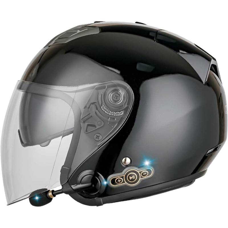 YQWDWD Motorradhelm Halbschalenhelm, ECE-Zertifizierter Bluetooth-Jethelm, Scooter-Cruiser-Antikollisionshelm Im Deutschen Stil Mit Visier, Offener Helm Für Männer Und Frauen A,L=59~60CM von YQWDWD