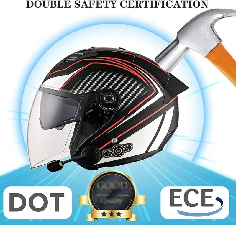 YQWDWD Motorradhelm Halbschalenhelm, ECE-Zertifizierter Bluetooth-Jethelm, Scooter-Cruiser-Antikollisionshelm Im Deutschen Stil Mit Visier, Offener Helm Für Männer Und Frauen D,XL=61~62CM von YQWDWD