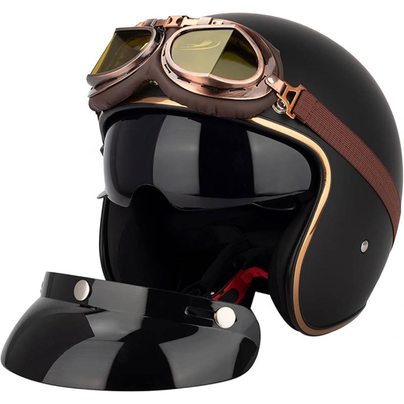 YQWDWD Retro Motorrad 3/4 Halbhelm, ECE/DOT-Geprüfter Mopedhelm Offener Helm Mit Sonnenblende Schutzbrille Vintage Scooter Jethelm Cruiser Chopper C,XL=61~62CM von YQWDWD