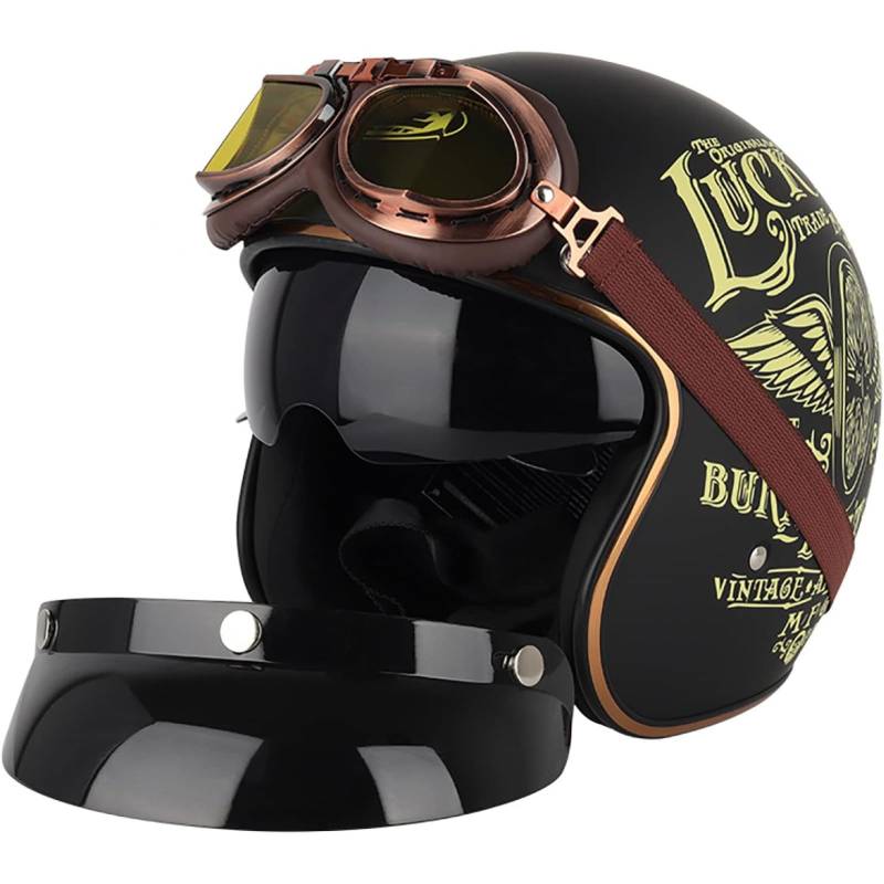 YQWDWD Retro Motorrad 3/4 Halbhelm, ECE/DOT-Geprüfter Mopedhelm Offener Helm Mit Sonnenblende Schutzbrille Vintage Scooter Jethelm Cruiser Chopper D,M=57~58CM von YQWDWD