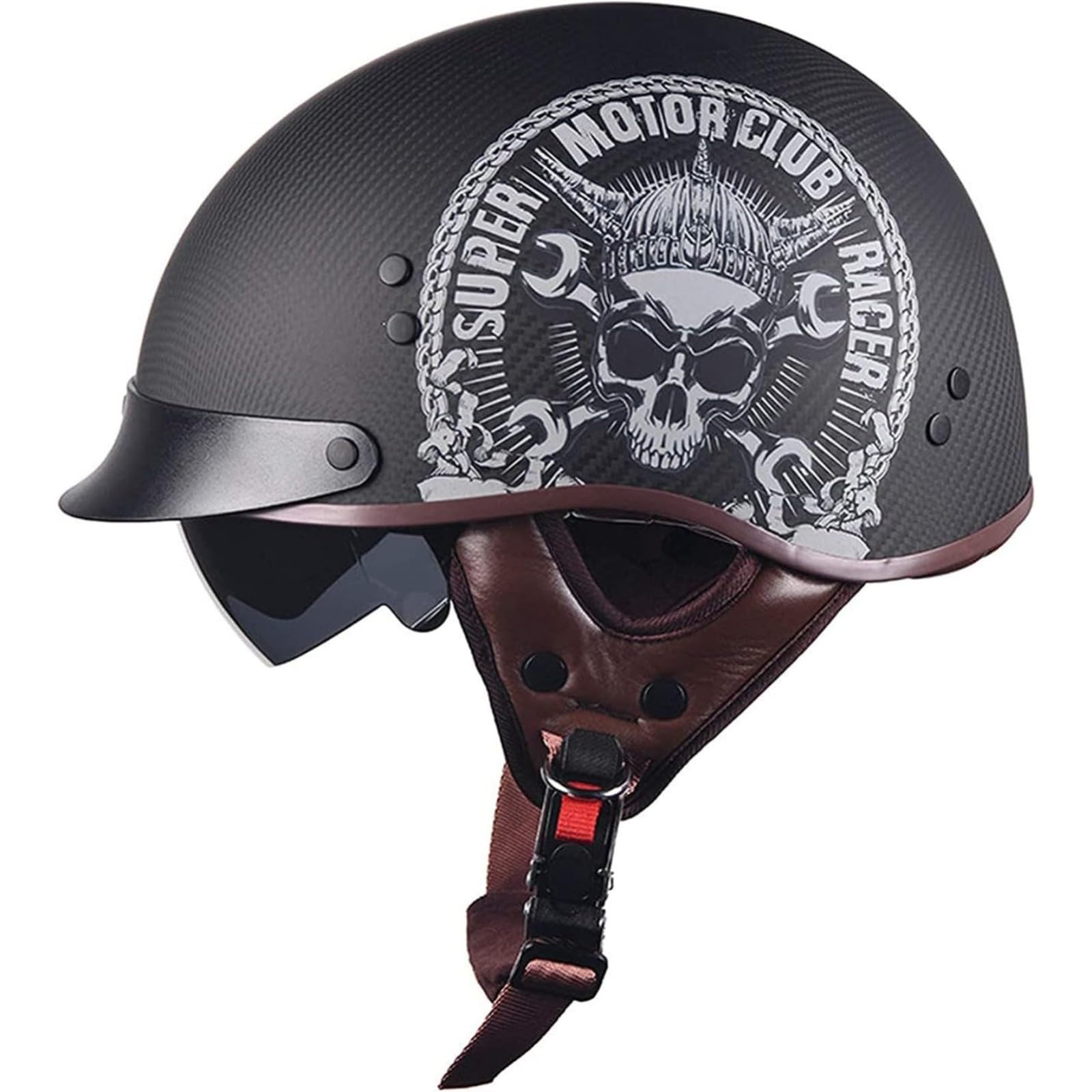 YQWDWD Retro-Motorrad-Halbhelm, ECE-Zertifizierter Carbonfaser-Jethelm Mit Sonnenblende, Piloten-Jethelm, Fahrrad-Cruiser-Chopper-Moped-Scooter E,XL=61~62CM von YQWDWD