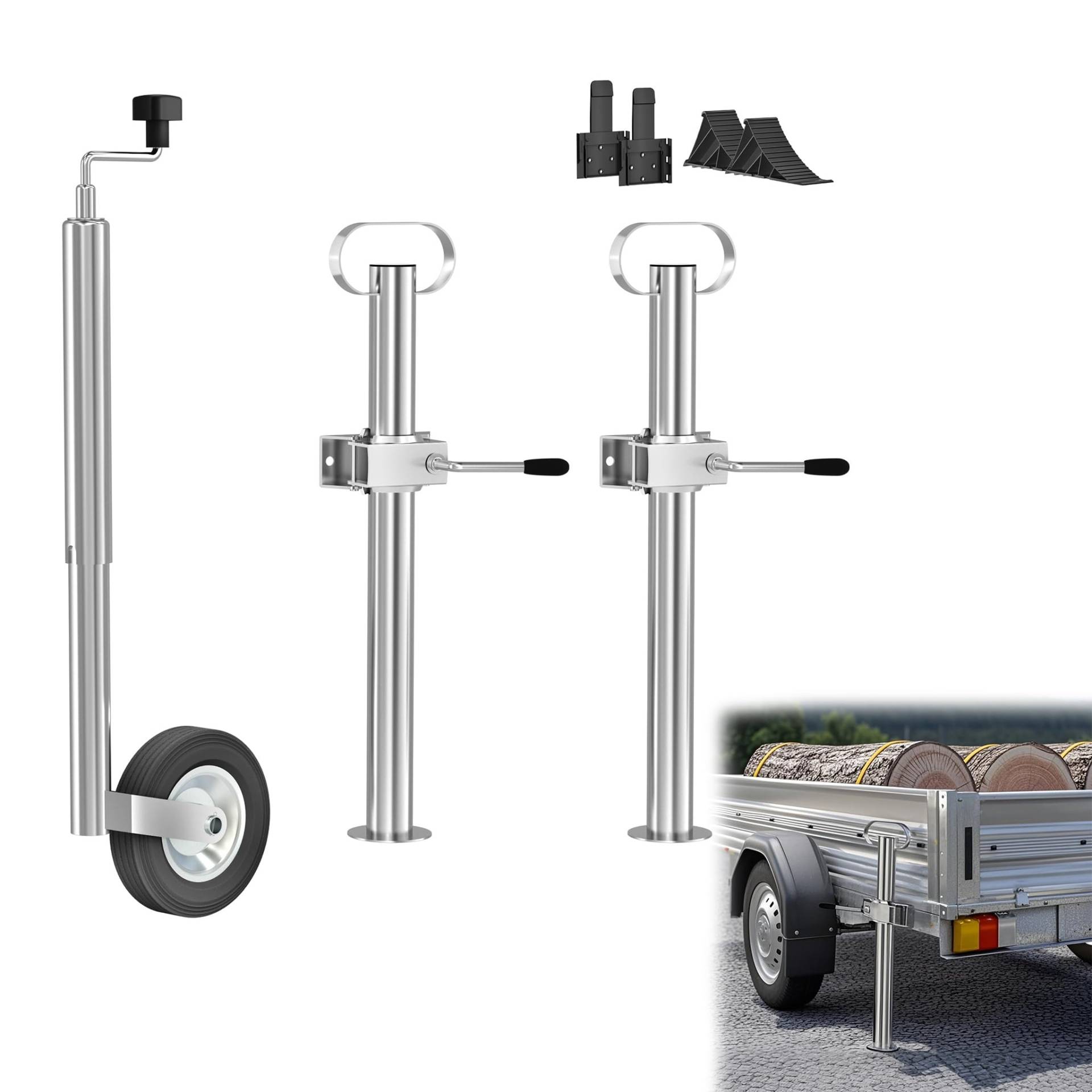 YRHome Anhänger Zubehör Set Vollgummi-Stützrad bis 150kg Mit Montiersatz,610-870mm Längenverstellbares Stützrohr Ø 48mm Für Anhänger, Wohnwagen,Transporter von YRHome