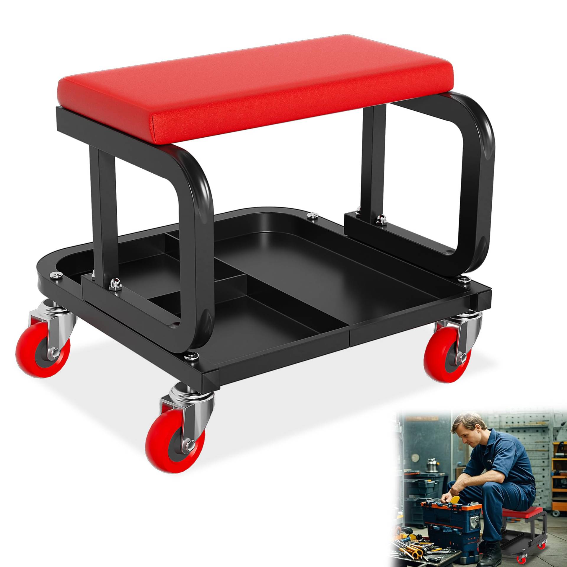 YRHome Werkstatthocker mit Rollen Arbeitshocker Werkstatt Rollsitz Rollhocker mit 36x18cm Weicher Sitzauflage, Ablage & 360° Rollen Werkstattsitz Werkstattstuhl für Werkstatt Garage 150KG von YRHome