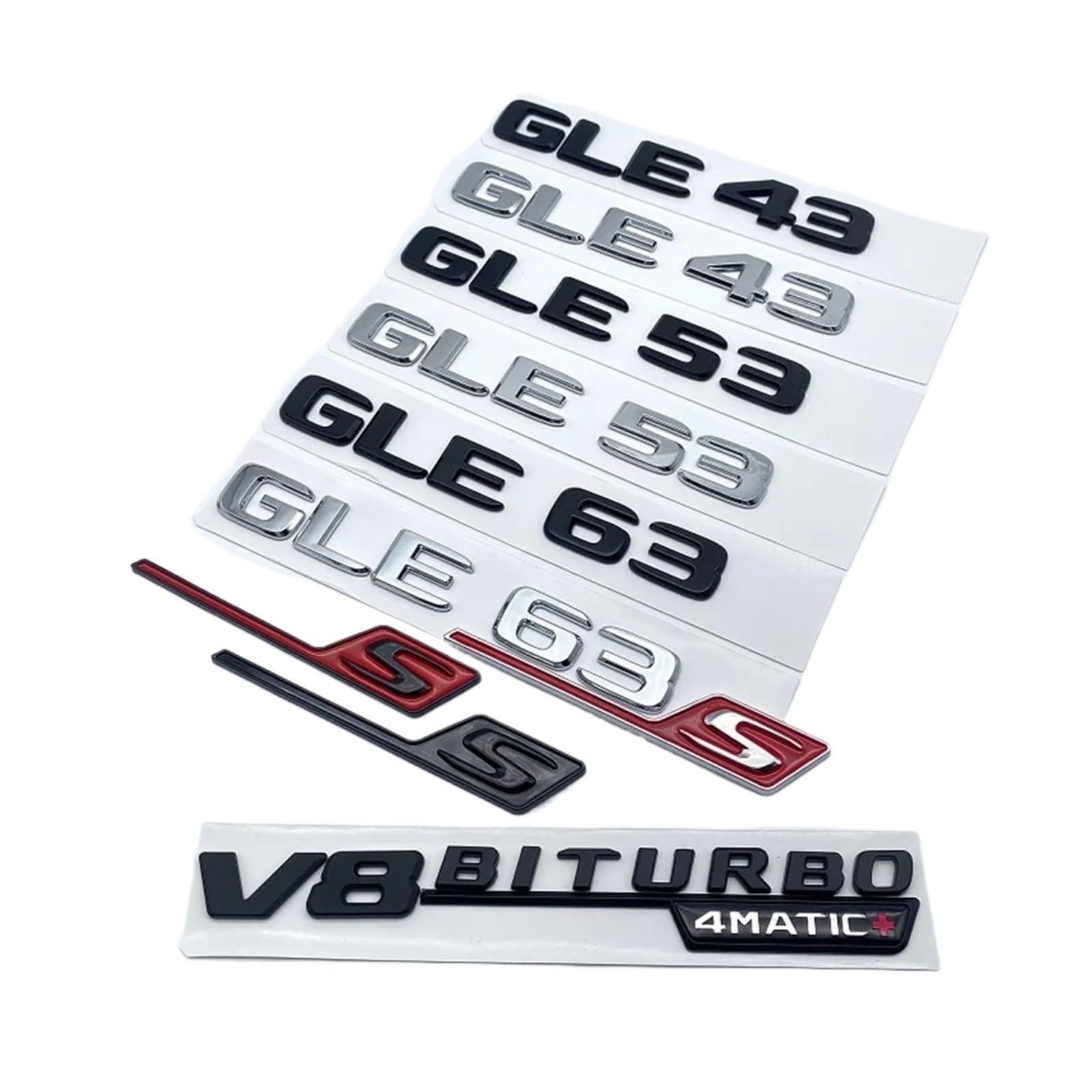 YSRWTBBA 2017 Buchstaben GLE43 GLE53 GLE63 GLE63S V8 Biturbo 4matic+ Emblem Kompatibel mit Autoseite Kofferraum hinten W166 W167 Logo-Aufkleber, einfach abziehen und abzi(Silve von YSRWTBBA