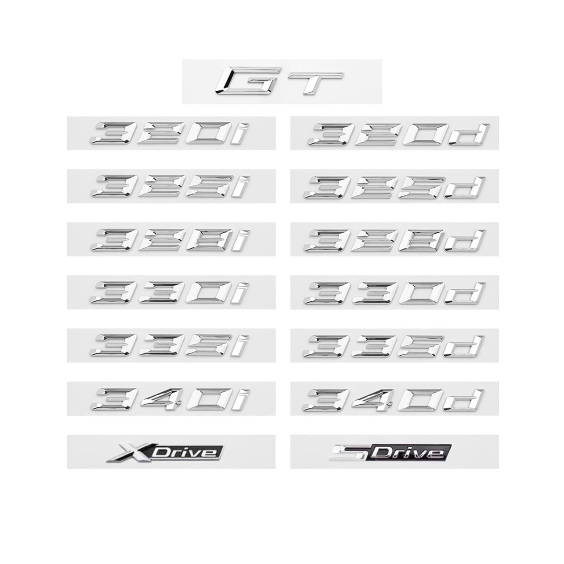 YSRWTBBA Chrom-Silber GT 320i 320d 325i 325d 330i XDrive ABS Zahlen Buchstaben Emblem Kompatibel mit 3er E90 E46 F30 Kofferraum-Logo-Aufkleber, einfach abziehen und abzi(330d) von YSRWTBBA