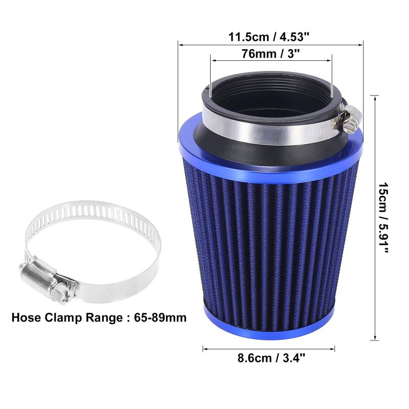 X Autohaux 3'' Zoll Universal Auto Air Intake Filter 76mm Einlass Dia Fahrzeug Auto Teile Ersatz Zubehör Auto-Luftfilter(Blue) von YTRAVHI