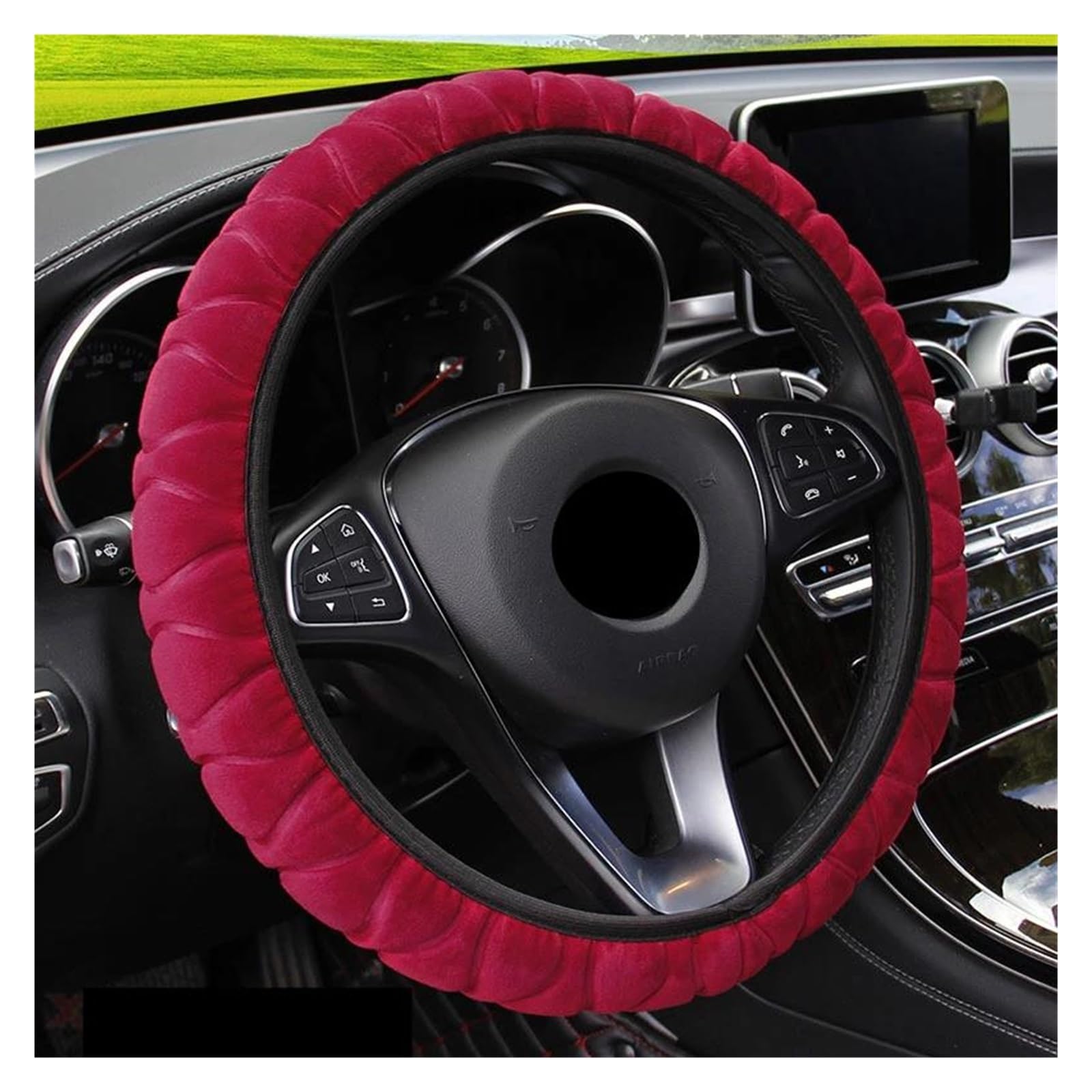 Auto-Lenkradabdeckung, Auto-Lenkradbezug, universell, 37 – 39 cm, Auto-Lenkradbezüge, superweicher Plüsch, elastisches Auto-Innenzubehör(Rood) von YUEKOPOU