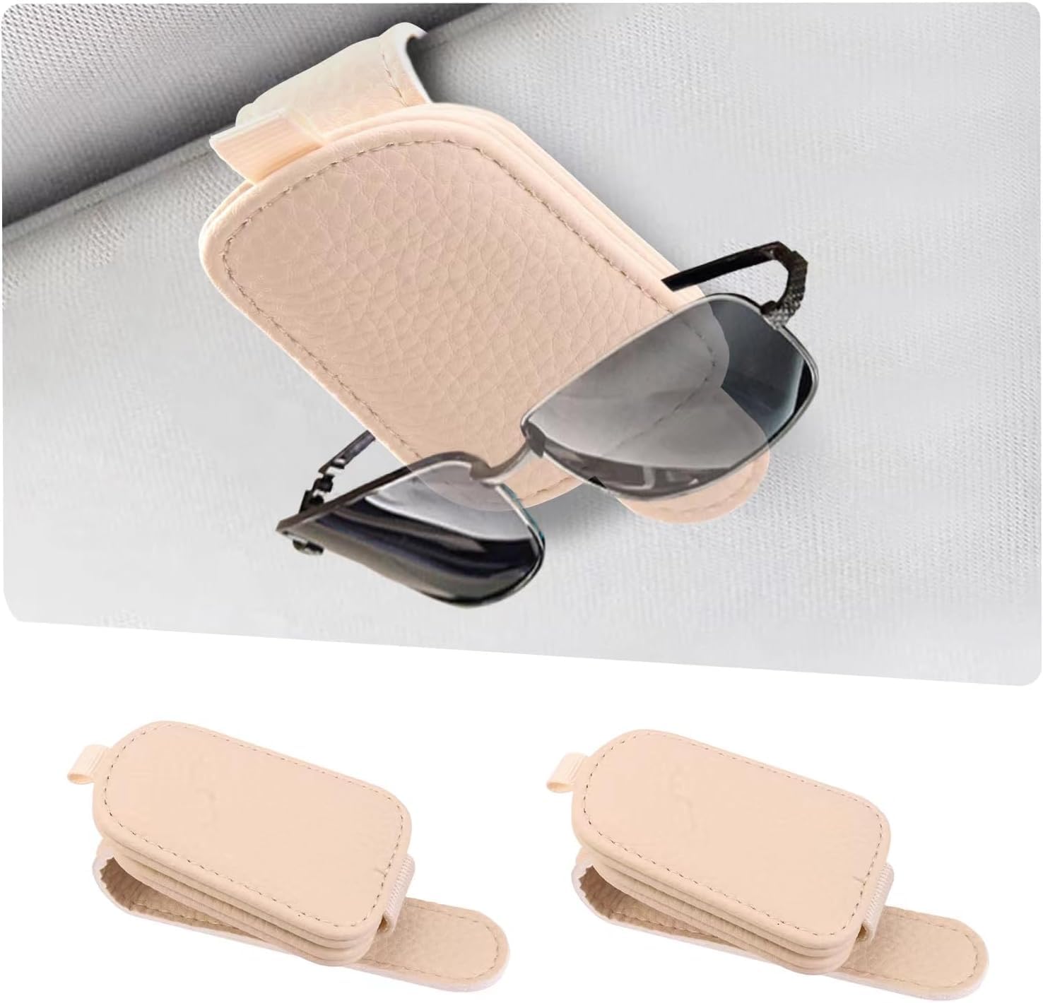 YUEONEWIN 2 Pack Brillenhalter für Auto Sonnenblende, Leder Sonnenbrillenhalter Auto Visier Zubehör Sonnenbrillen Halterung Magnetische Ticket Clip（Beige von YUEONEWIN