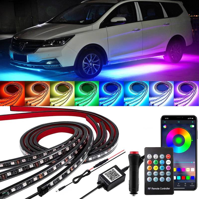 4 Set Bodenbeleuchtungs Kit für Auto, APP und Fernbedienungssteuerung Mehrfarbige Unterbodenleuchten für Autos, Musiksynchronisation RGB Streifenlicht, 252 wasserdichte LEDs für Auto Lastwagen und SUV von YUGUANG