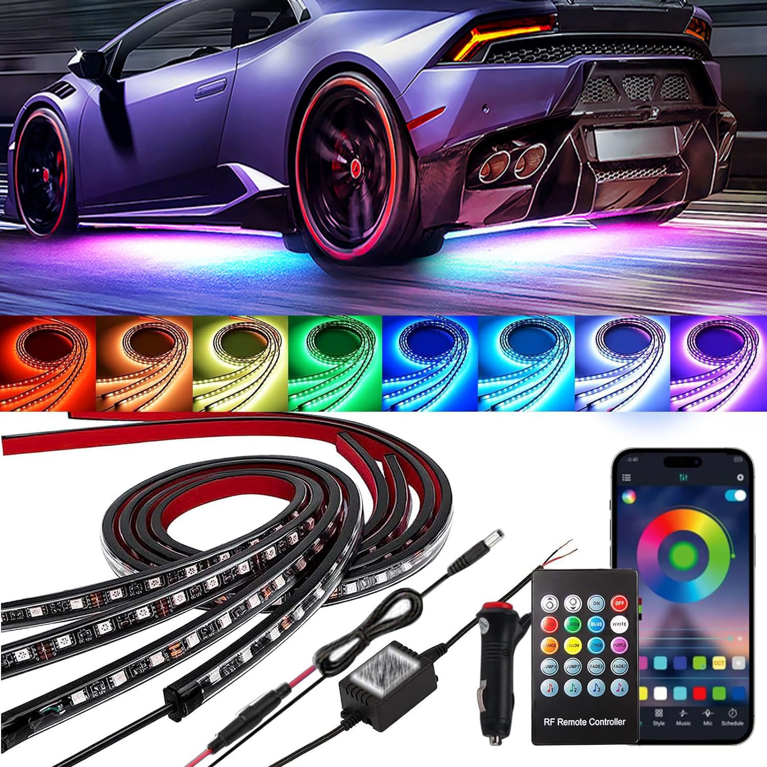 YUGUANG 4 PCS unter Beleuchtung für Auto, APP-Kontrolle Mehrfarbige Lichter synchronisiert mit Musik RGB Lichtstreifen wasserdicht für Autos, SUVs. von YUGUANG