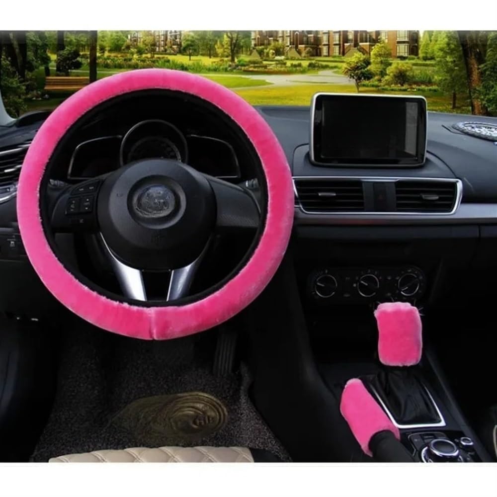 Auto-Lenkradabdeckung Auto-Lenkradbezug, Schalthebel-Handbremsenbezug, Schutzdekoration, warm, superdickes Plüschhalsband, weich, Schwarz/Rosa, für Damen und Herren Auto-Lenkradschutz von YUIBFWQ