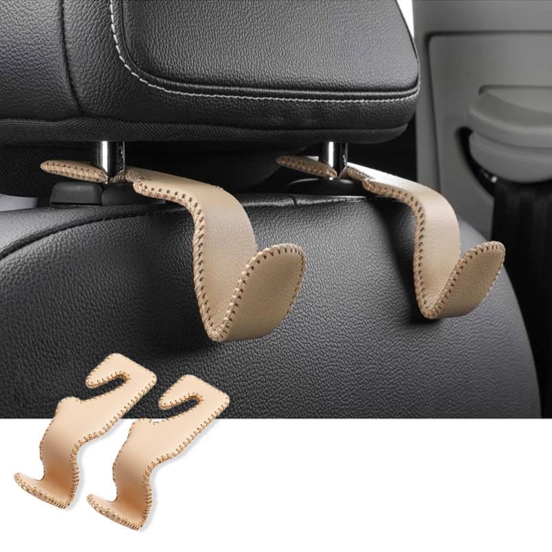 Kopfstütze Auto Haken Leder 2 Stück, Autositz Rückenlehnen Haken Universal Beige, Autositz Rücksitz Haken Halter für Einkaufstaschen, Handtaschen, Hängetasche, Auto Zubehör Innenraum Inhaber Haken von YUJINGTING