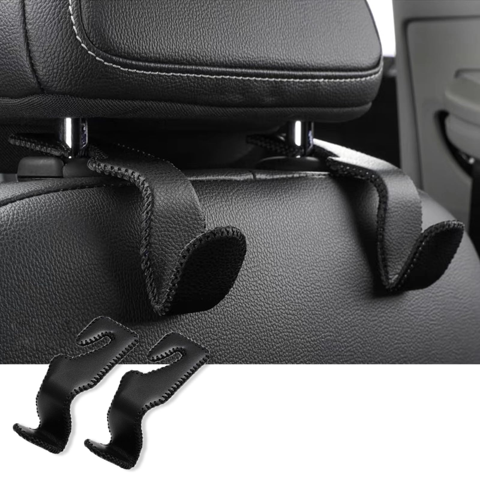 Kopfstütze Auto Haken Leder 2 Stück, Autositz Rückenlehnen Haken Universal Schwarz, Autositz Rücksitz Haken Halter für Einkaufstaschen, Handtaschen, Hängetasche, Auto Zubehör Innenraum Inhaber Haken von YUJINGTING