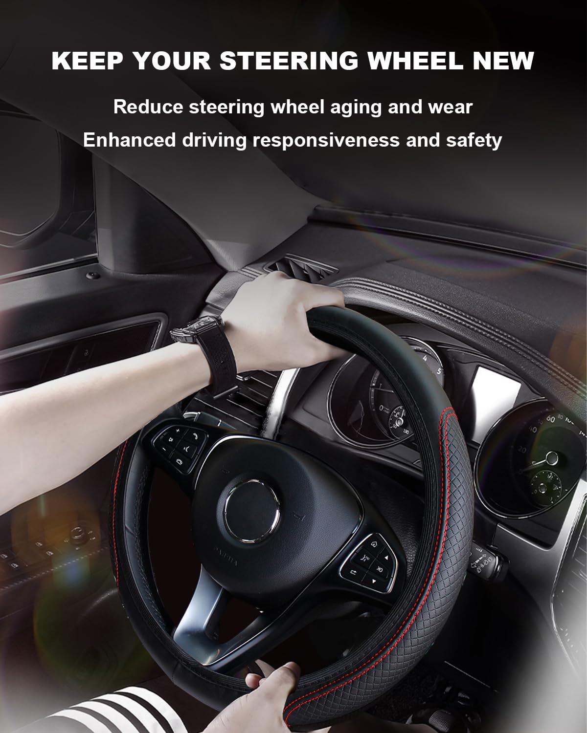 Lenkradbezug Leder, Lenkradhüllen Universal Anti Rutsch Atmungsaktiv Elastizität 3D-Prägung Mikrofaser Auto Lenkradbezug Schutzhülle Steering Wheel Cover 37-38cm Schwarz Rot von YUJINGTING