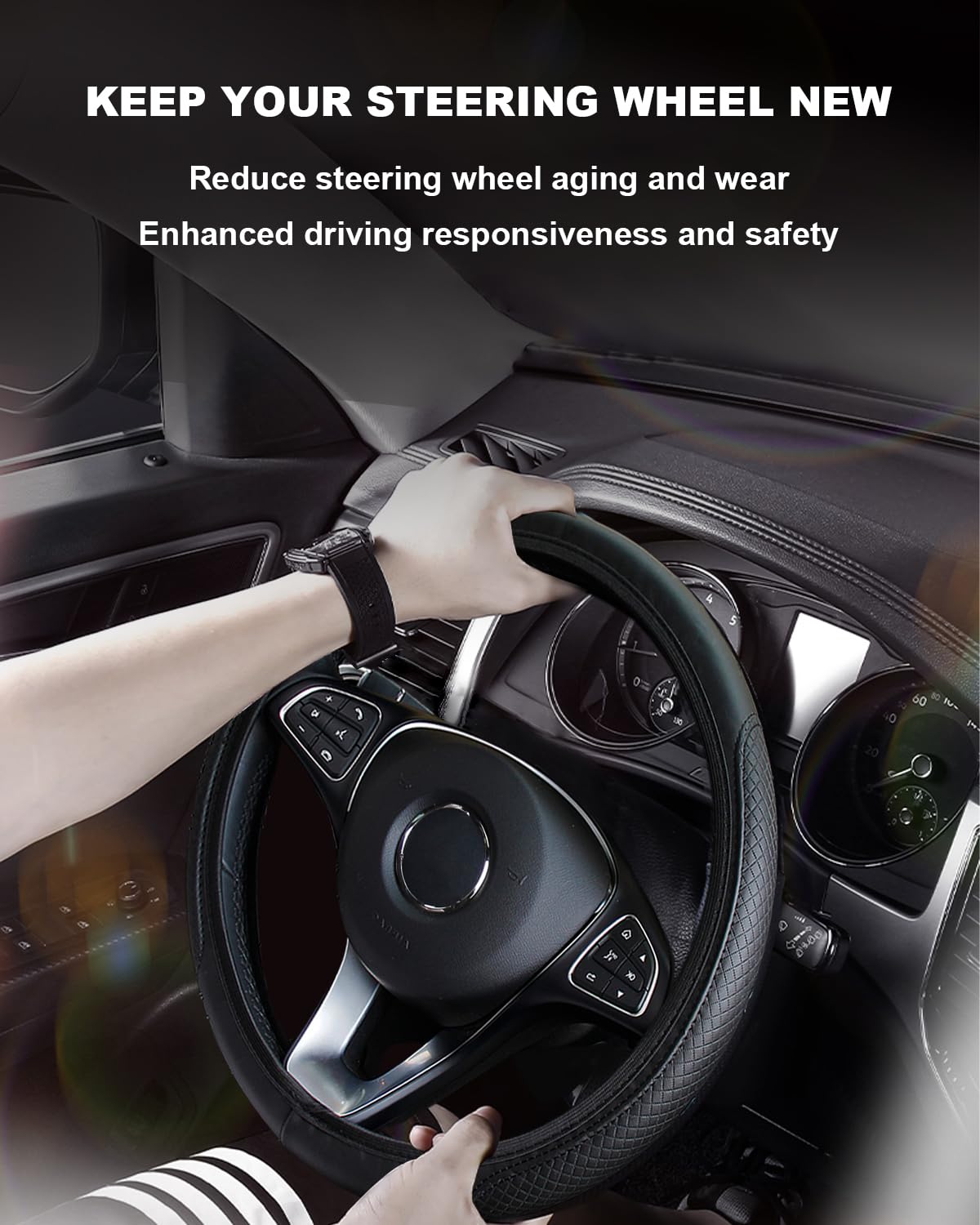 Lenkradbezug Leder, Lenkradhüllen Universal Anti Rutsch Atmungsaktiv Elastizität 3D-Prägung Mikrofaser Auto Lenkradbezug Schutzhülle Steering Wheel Cover 37-38cm Schwarz von YUJINGTING