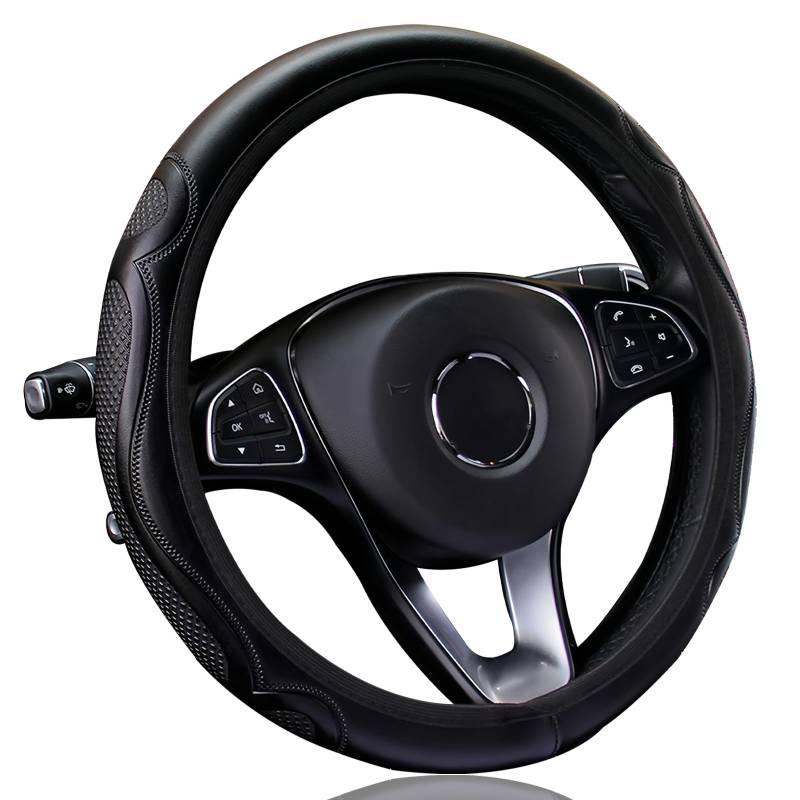 Lenkradbezug Leder, Lenkradhüllen Universal Anti Rutsch Atmungsaktiv Verschleißfest Elastizität Prägung Mikrofaser Auto Lenkradbezug Schutzhülle Steering Wheel Cover 37-38cm Schwarz von YUJINGTING