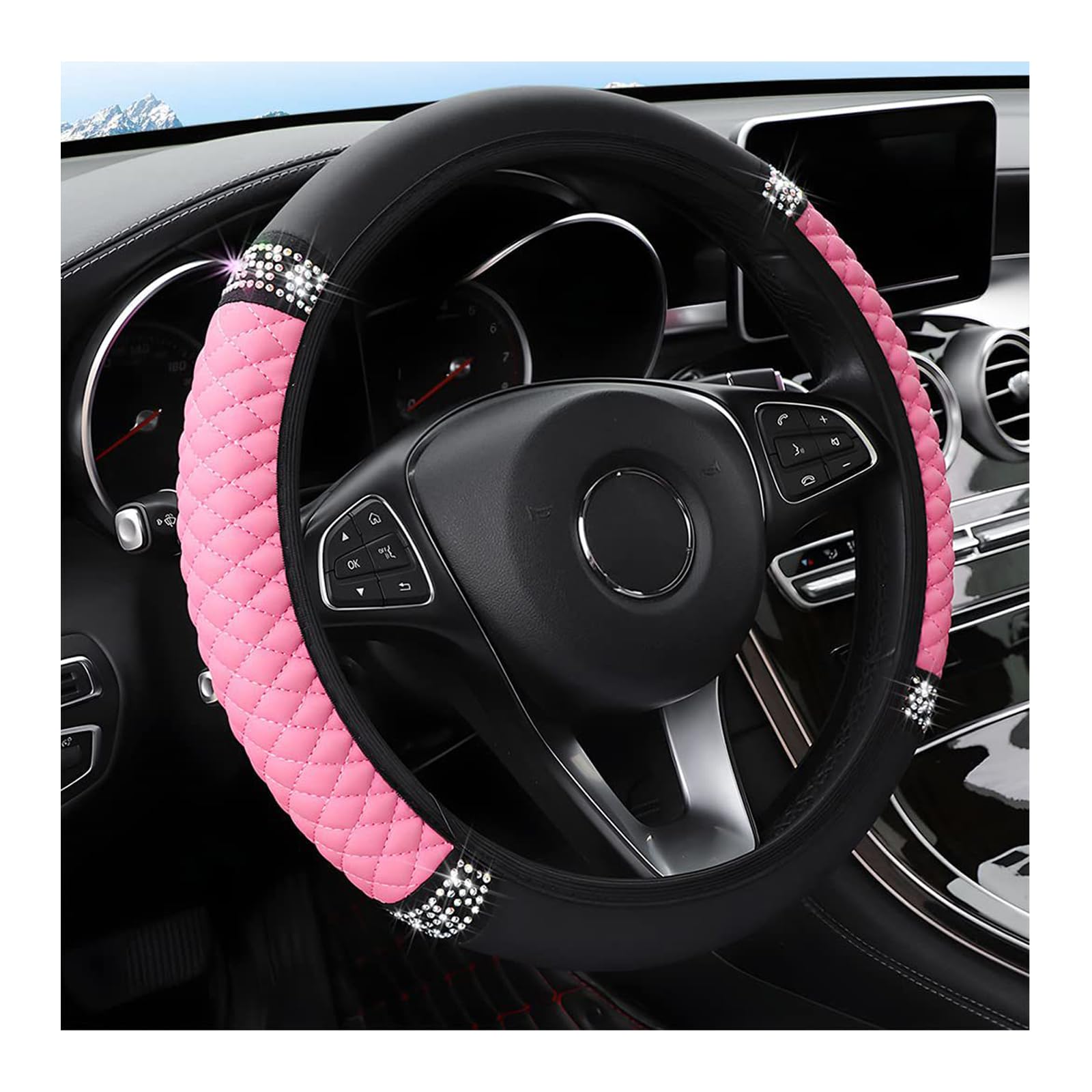 Lenkradbezug Leder Glitzer, Auto Lenkradbezug Diamantbesetzte Glitter, Lenkradhülle Universal Anti Rutsch Elastische Auto Zubehör 37-38cm(Rosa) von YUJINGTING